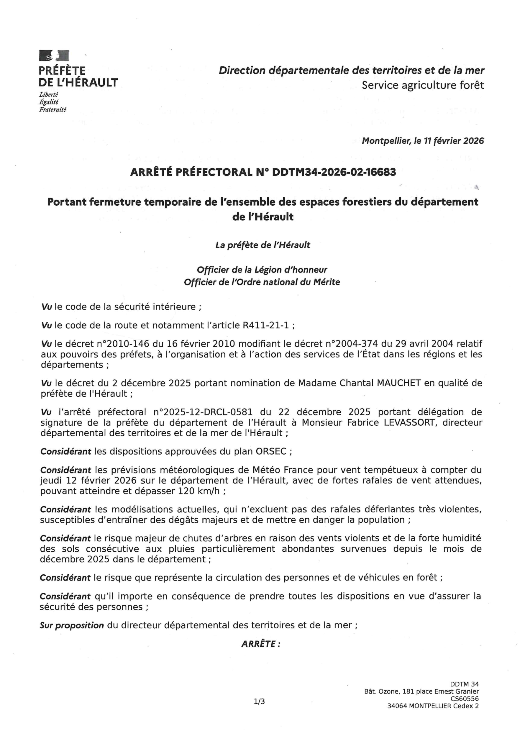 Arrêté préfectoral de fermeture des massifs forestiers de l'Hérault