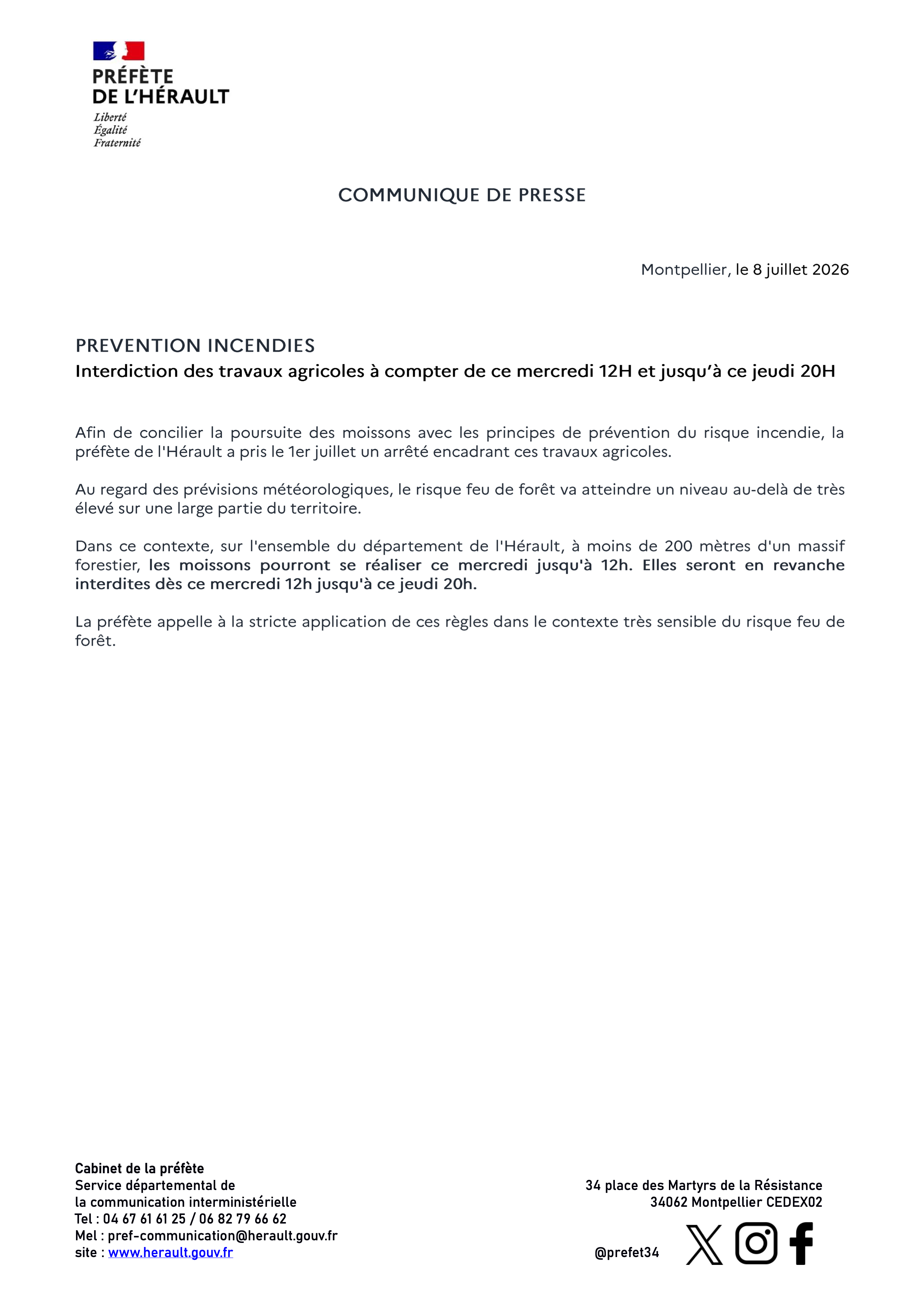 CP préfecture de l_Hérault - Prévention incendies - Interdiction des travaux agricoles à compter de ce mercredi 12H et jusqu’à ce jeudi 20H .png