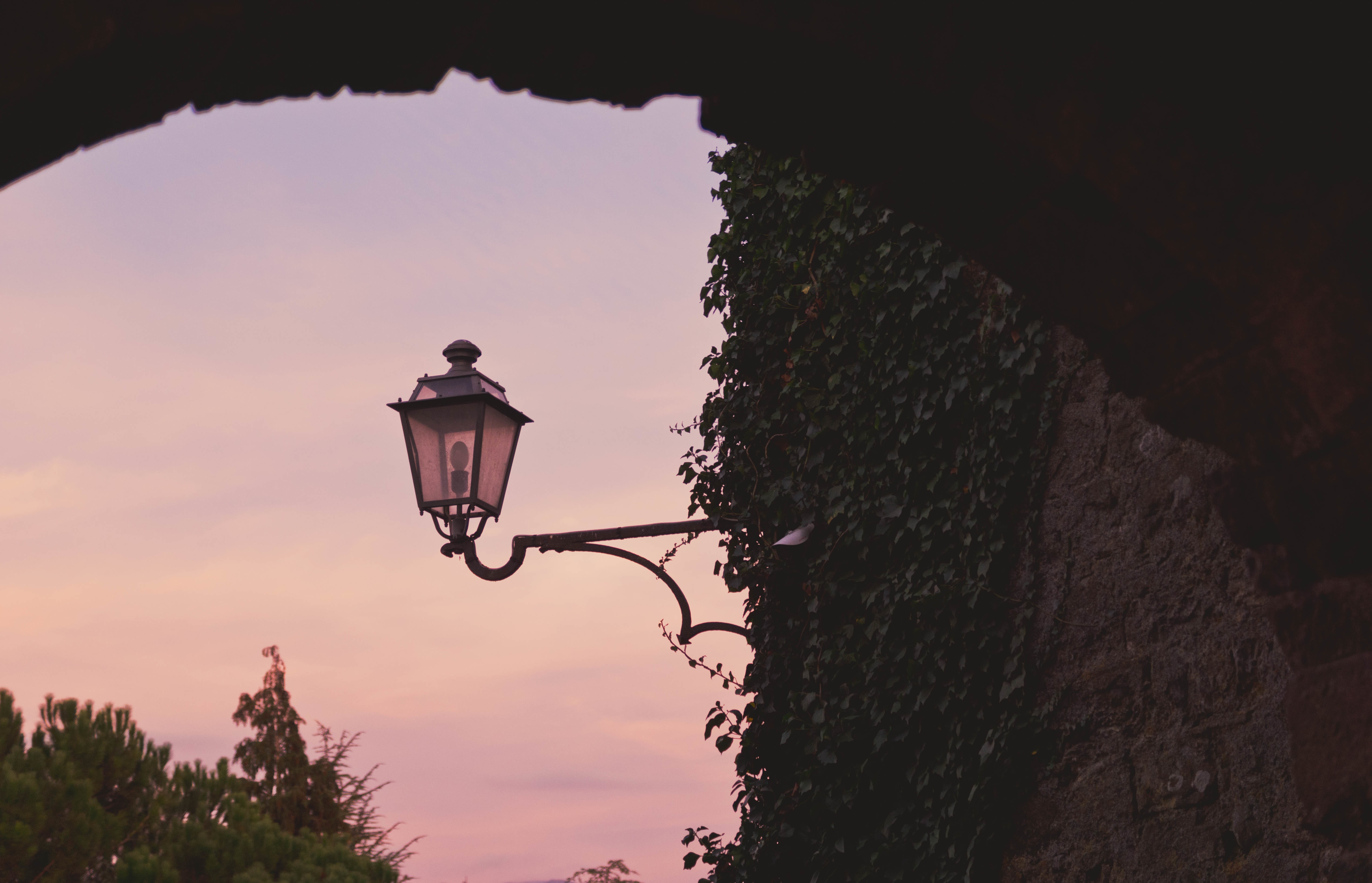 beautiful-view-of-leaf-covered-stone-wall-and-street-lamp-under-the-colorful-sky.jpg