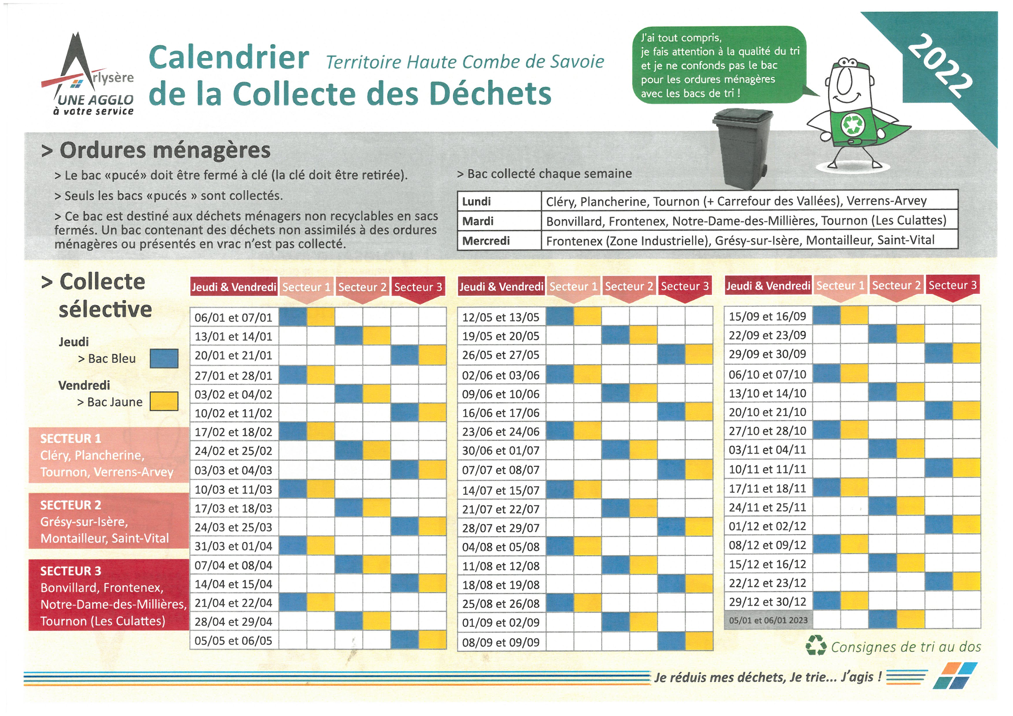 Calendrier 2022 de collecte des ordures ménagères Commune de Grésy