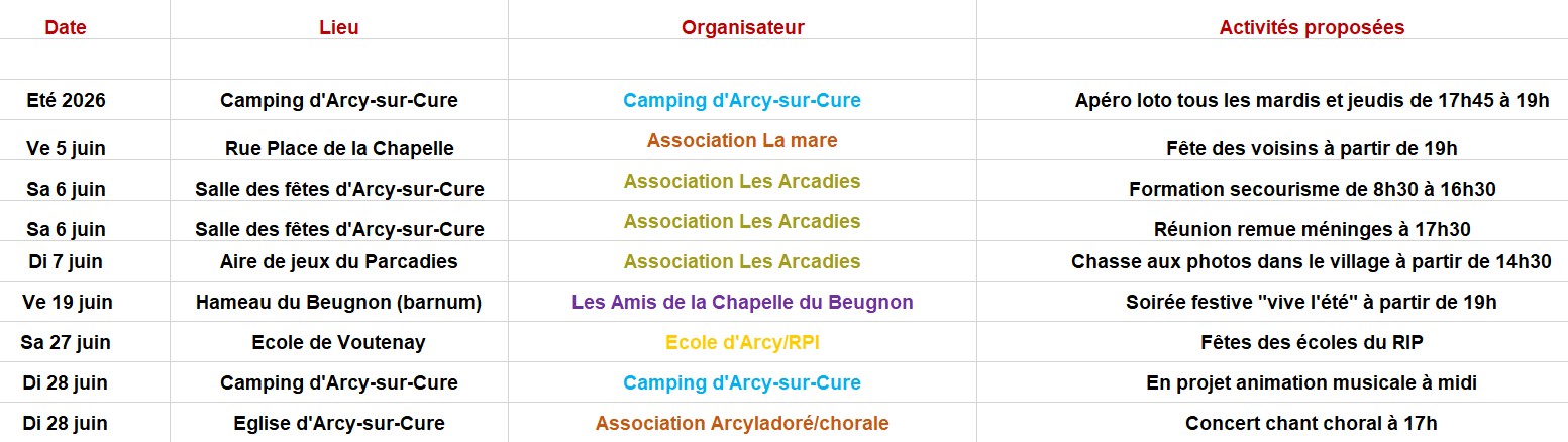 Calendrier des activités festives pour Juin 2026