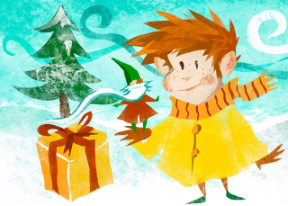 Illustration du spectacle Gildas tête de bois : un jeune garçon enmantezau jaune, un lutin de Noël est posé sur sa main