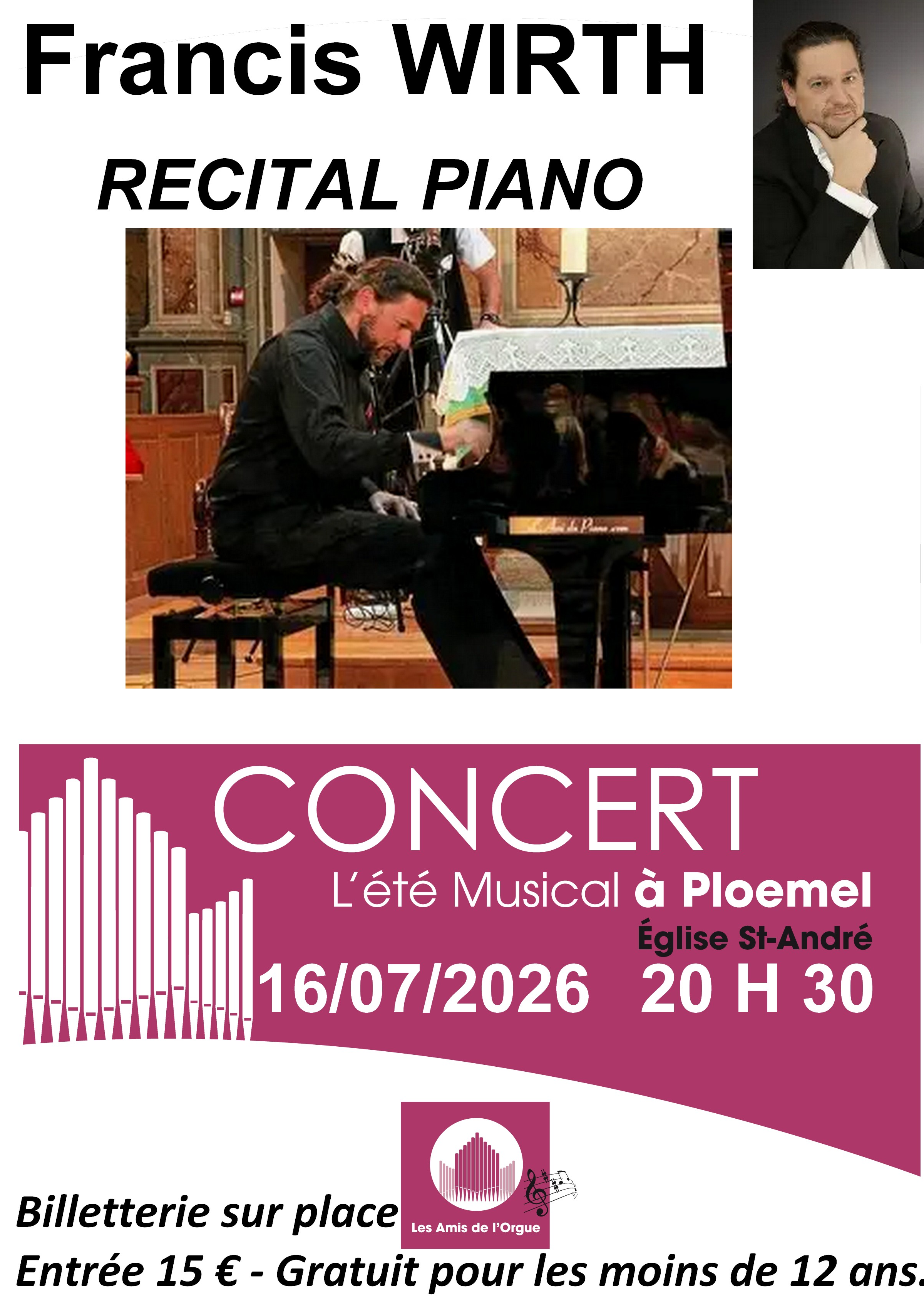 Concert piano 16 juillet 20h30 église de Ploemel