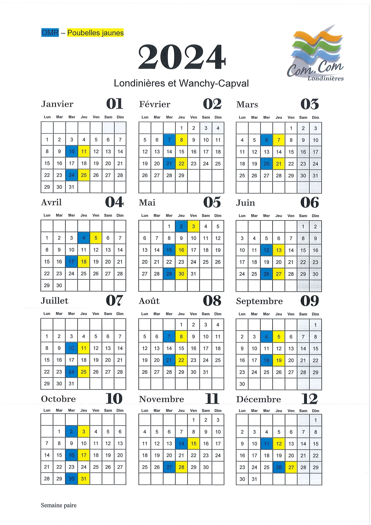 Ramassage poubelles calendrier 2024