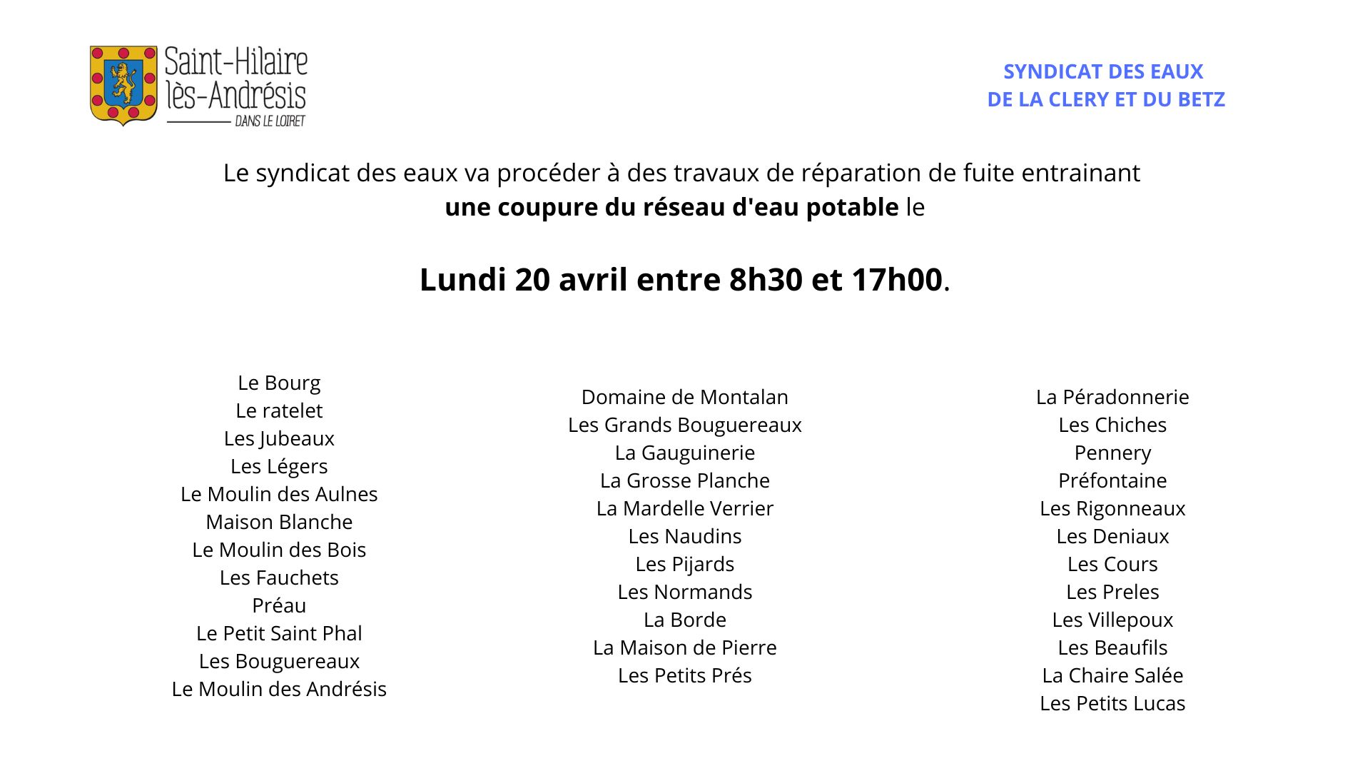 Mardi 7 et jeudi 9 avril 2026, le syndicat des eaux procéder à des opérations de nettoyage du réservoir de CHUELLES entrainant une baisse de débit et de pression de 8 h 30 à 18 h 30. Mardi 7 avril.jpg