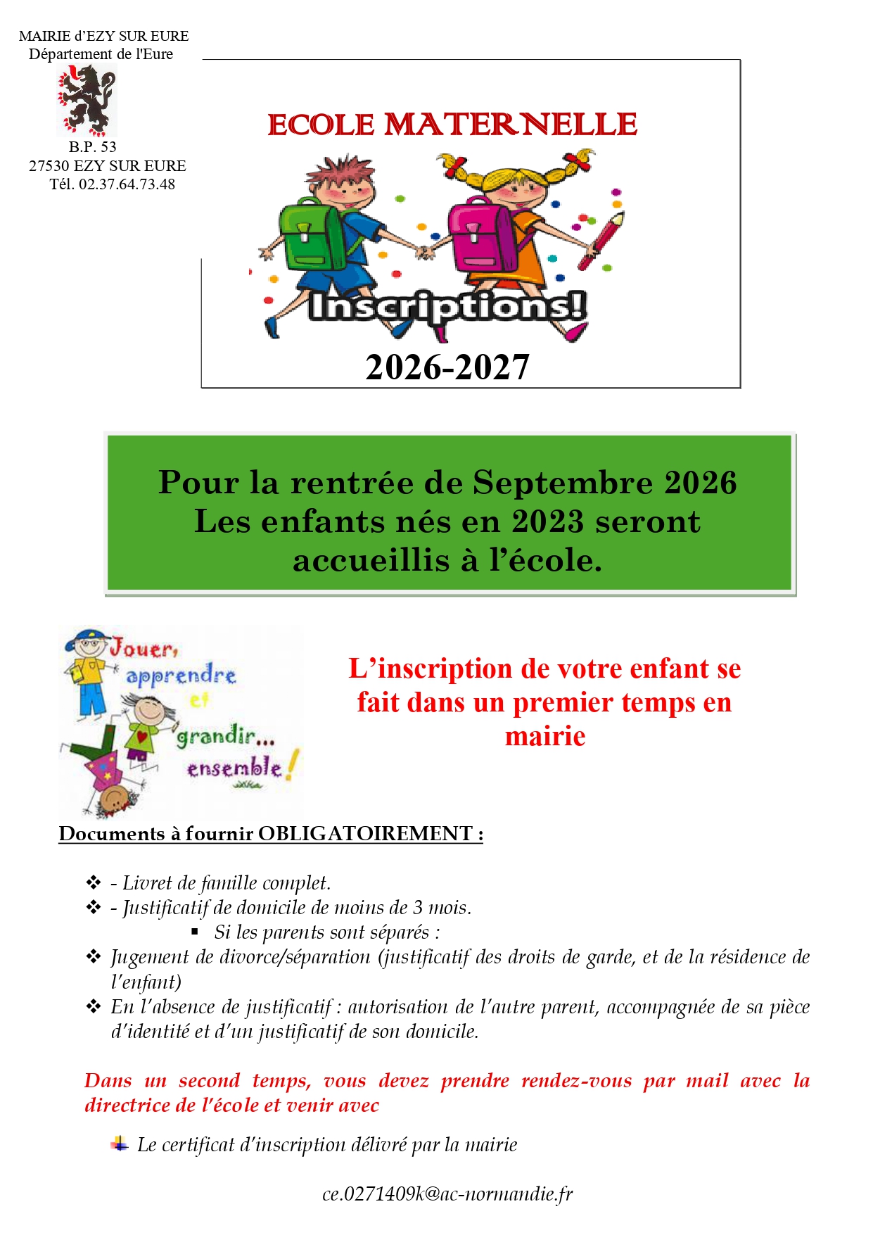 Inscriptions scolaires 2026/2027