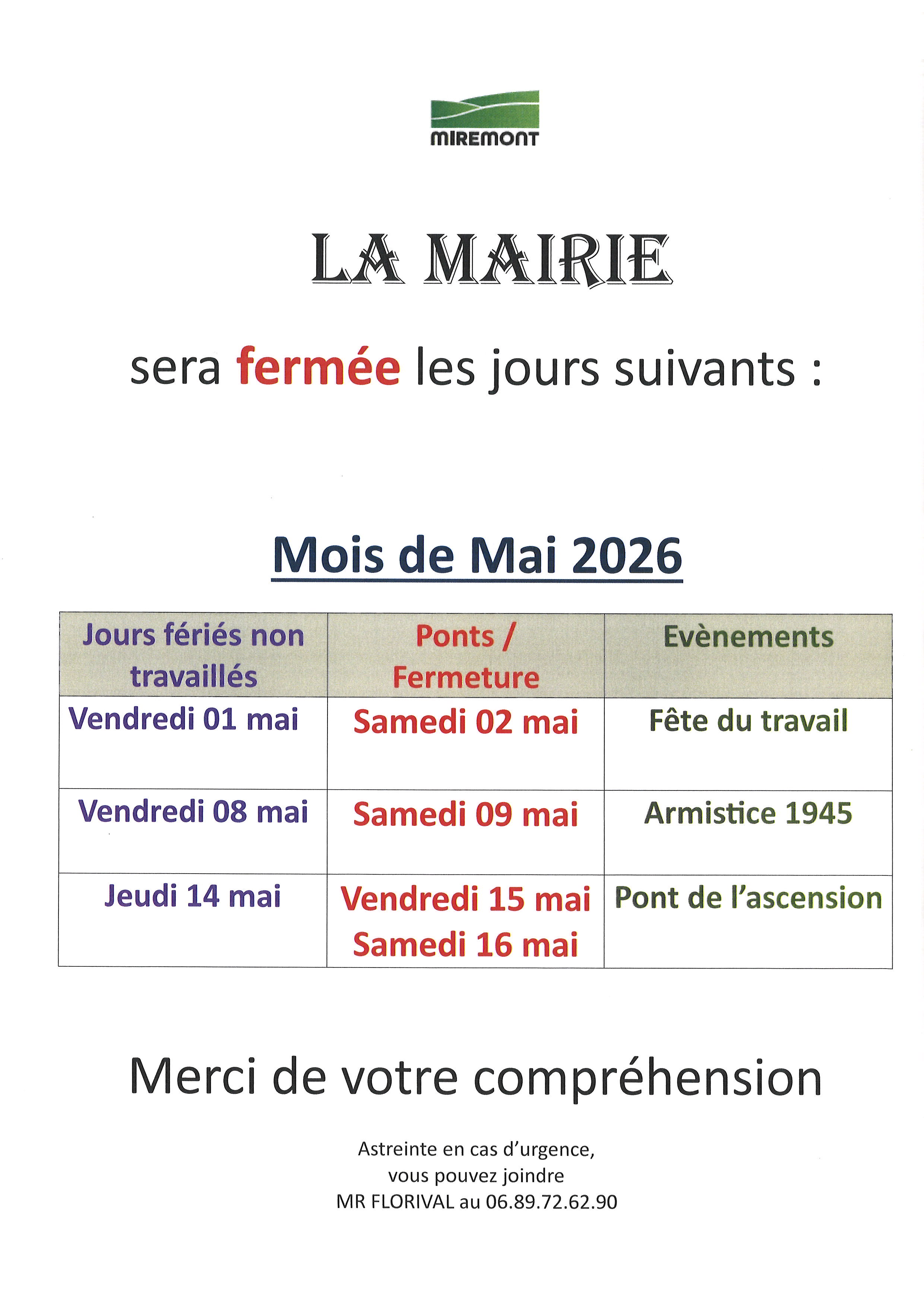 JOURS FÉRIÉS ET PONTS du mois de MAI