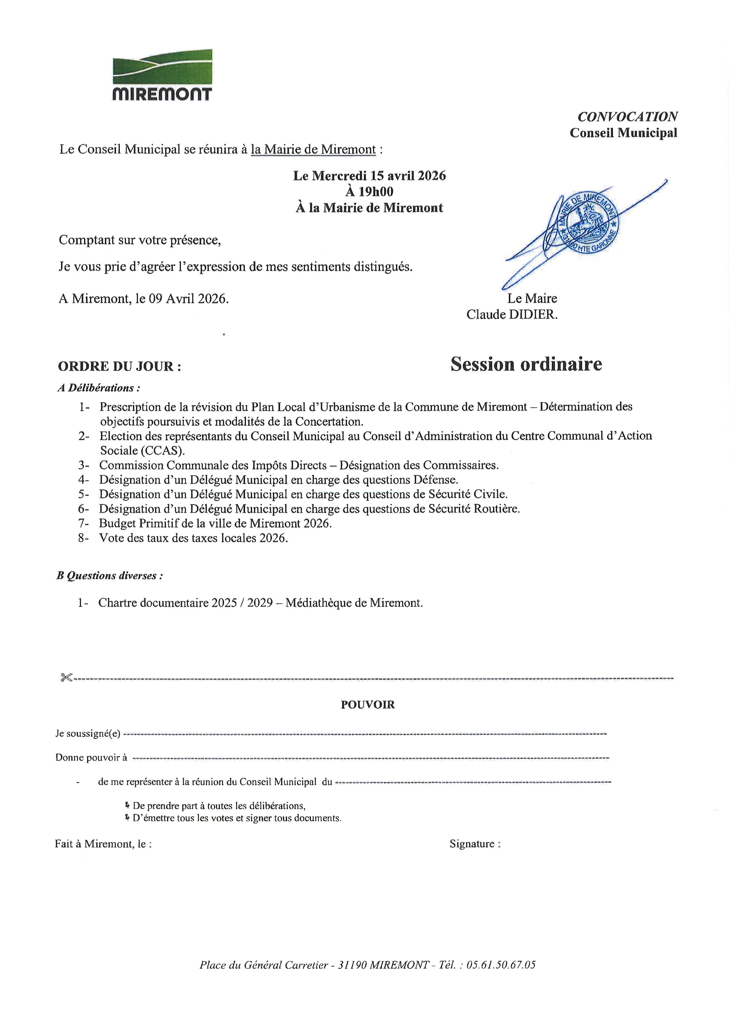 Conseil Municipal du 15 avril 2026