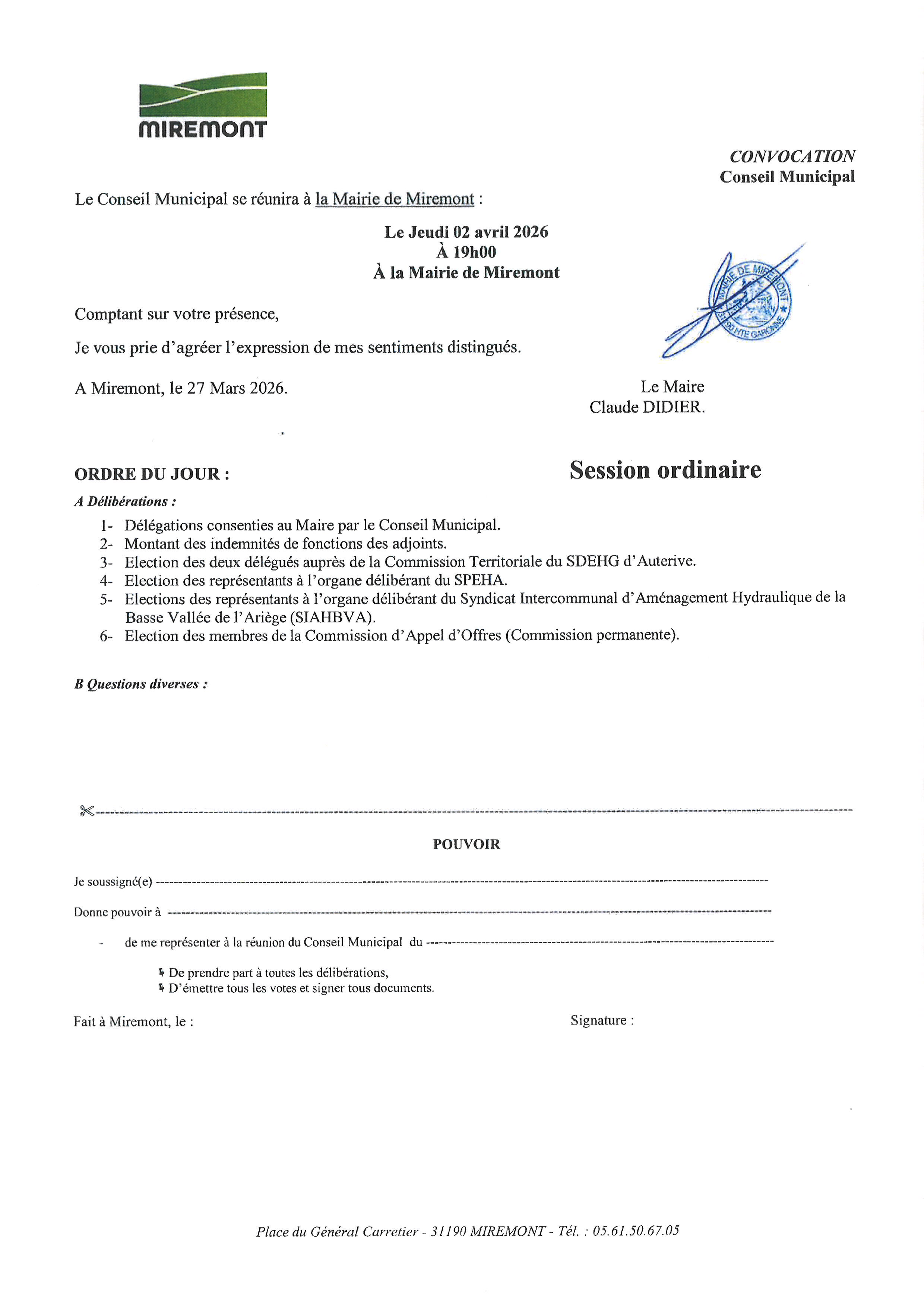 Conseil municipal du 02 avril à 19h