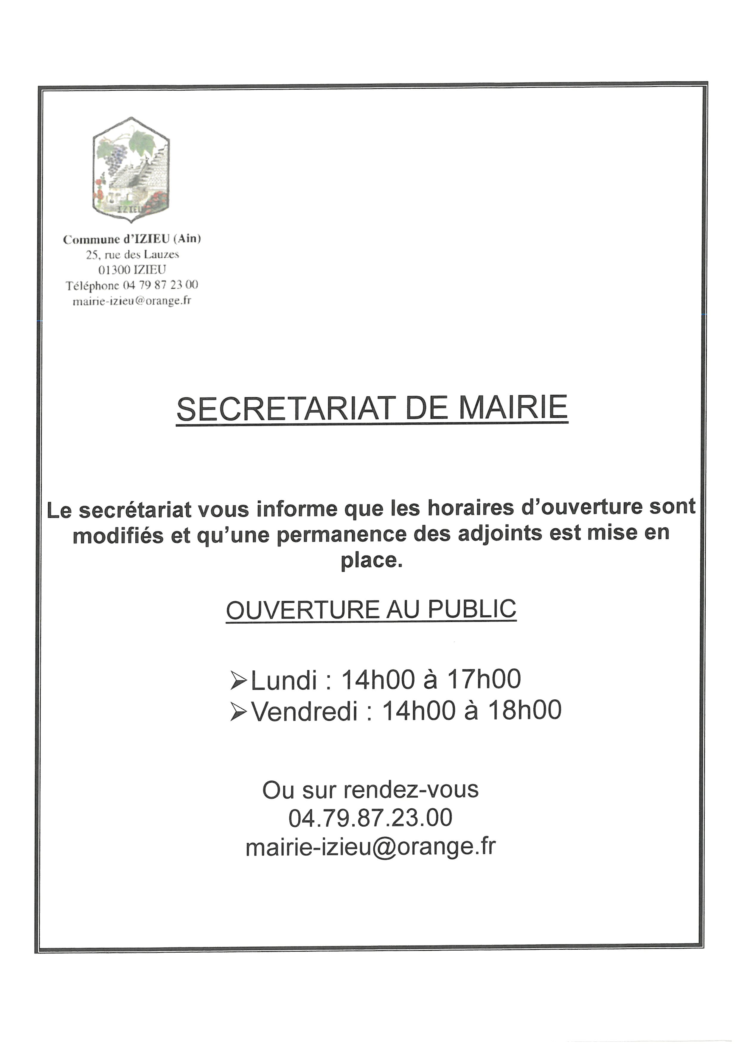 HORAIRE SECRETARIAT MAIRIE