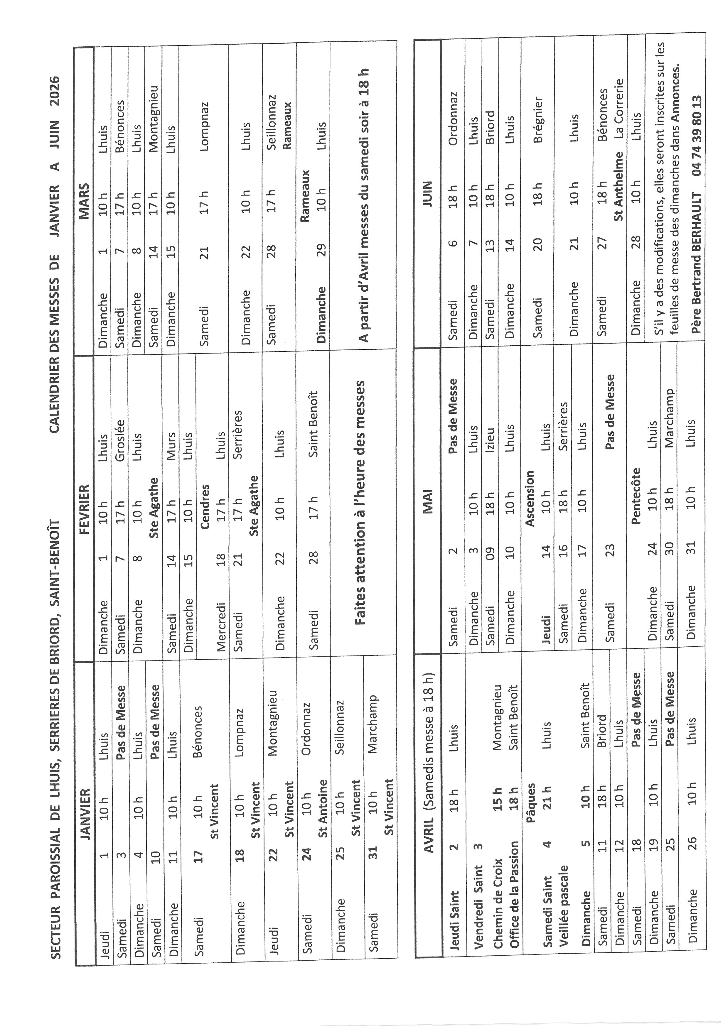CALENDRIER DES MESSES 2026