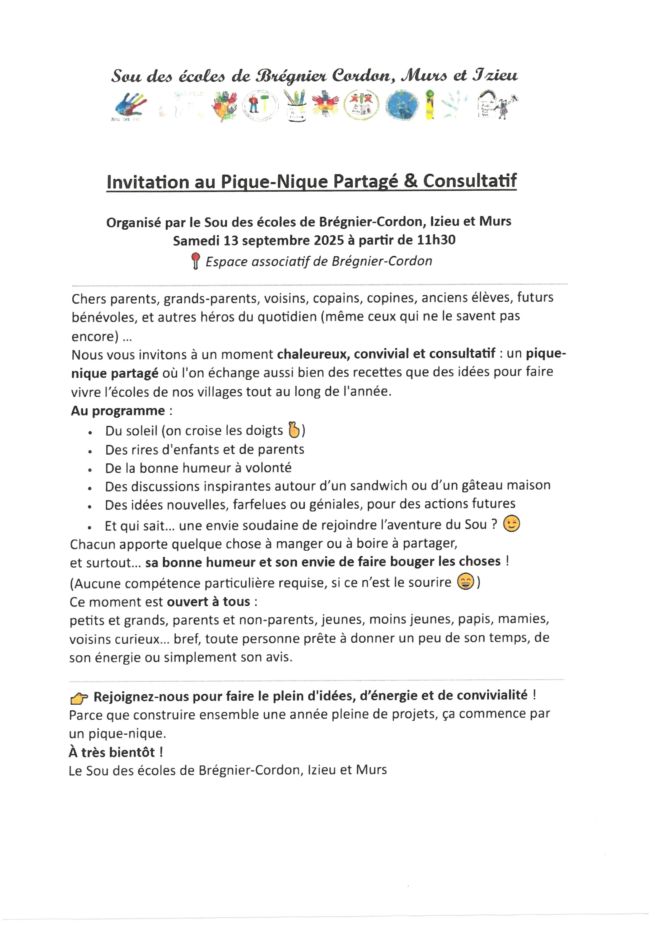 INVITATION AU PIQUE-NIQUE PARTAGE