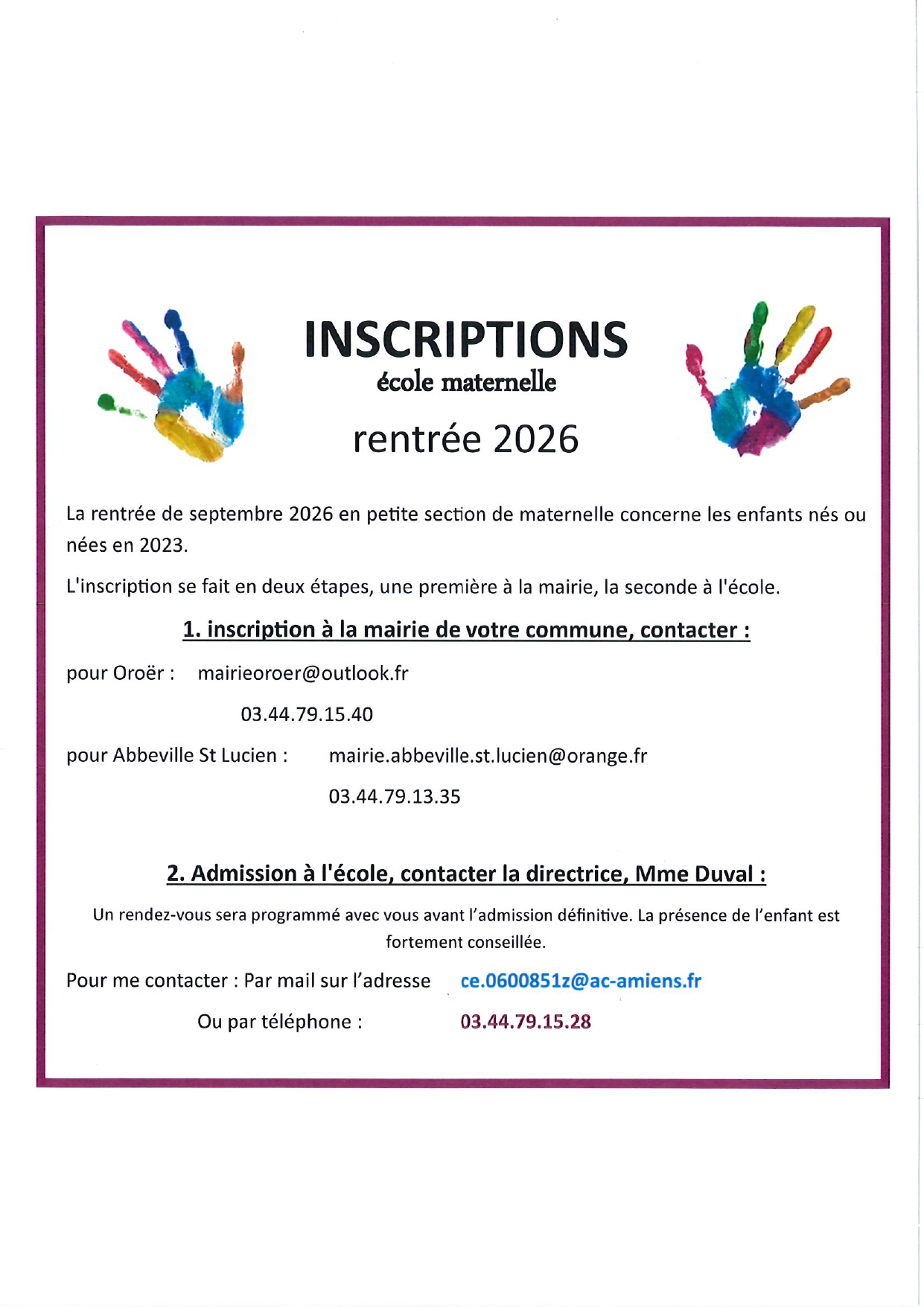 Inscription Ecole maternelle Rentrée 2026