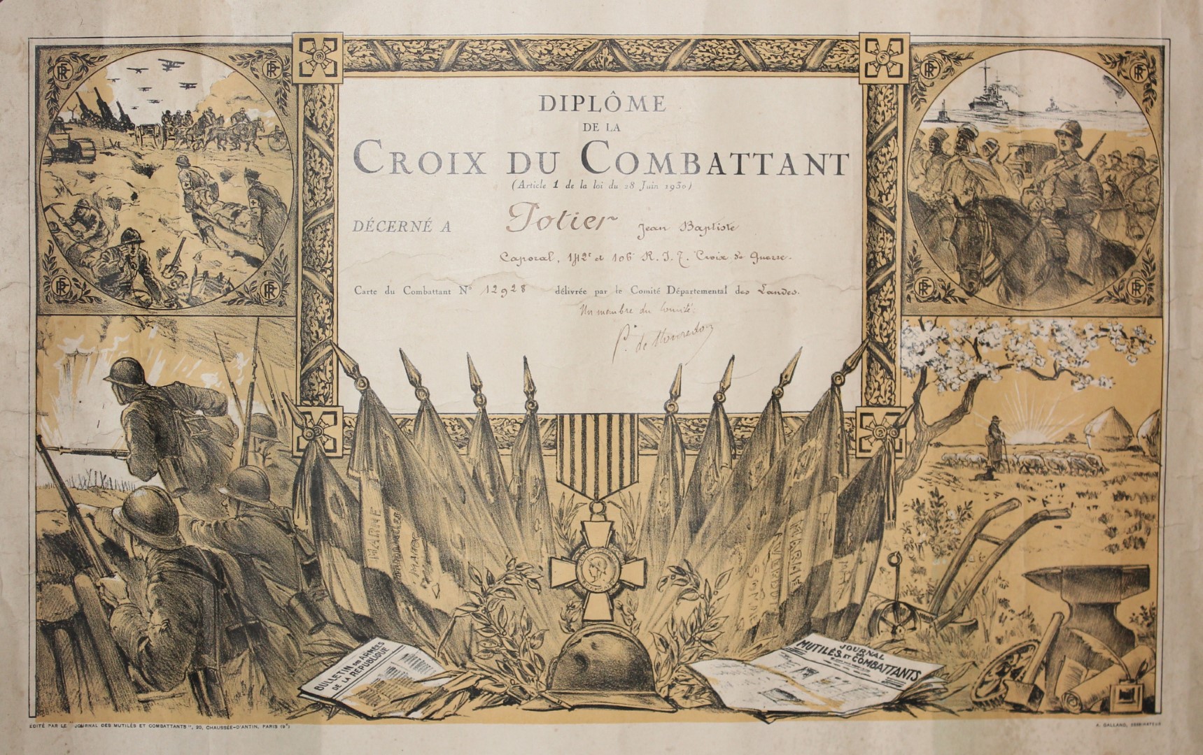 14-18 POTIER Jean Baptiste Diplôme sCroix du Combattant.jpg