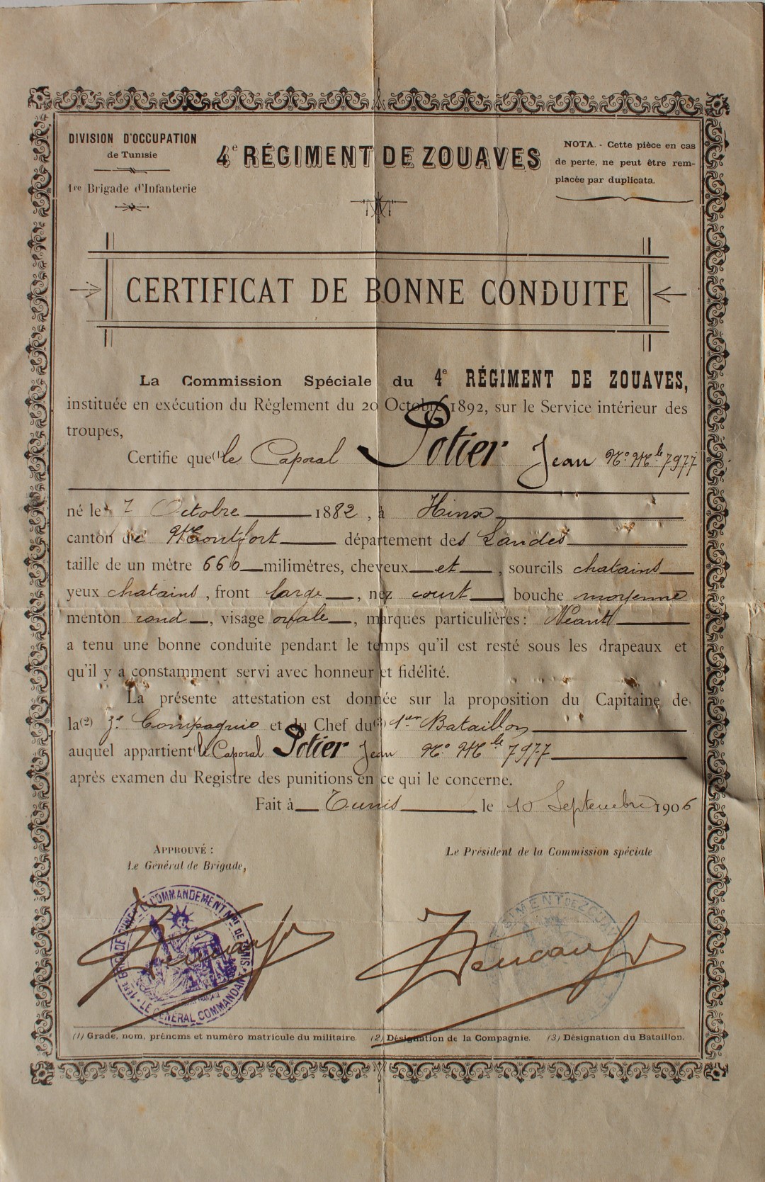 14-18 POTIER Jean Henri Certificat de bonne conduite.JPG