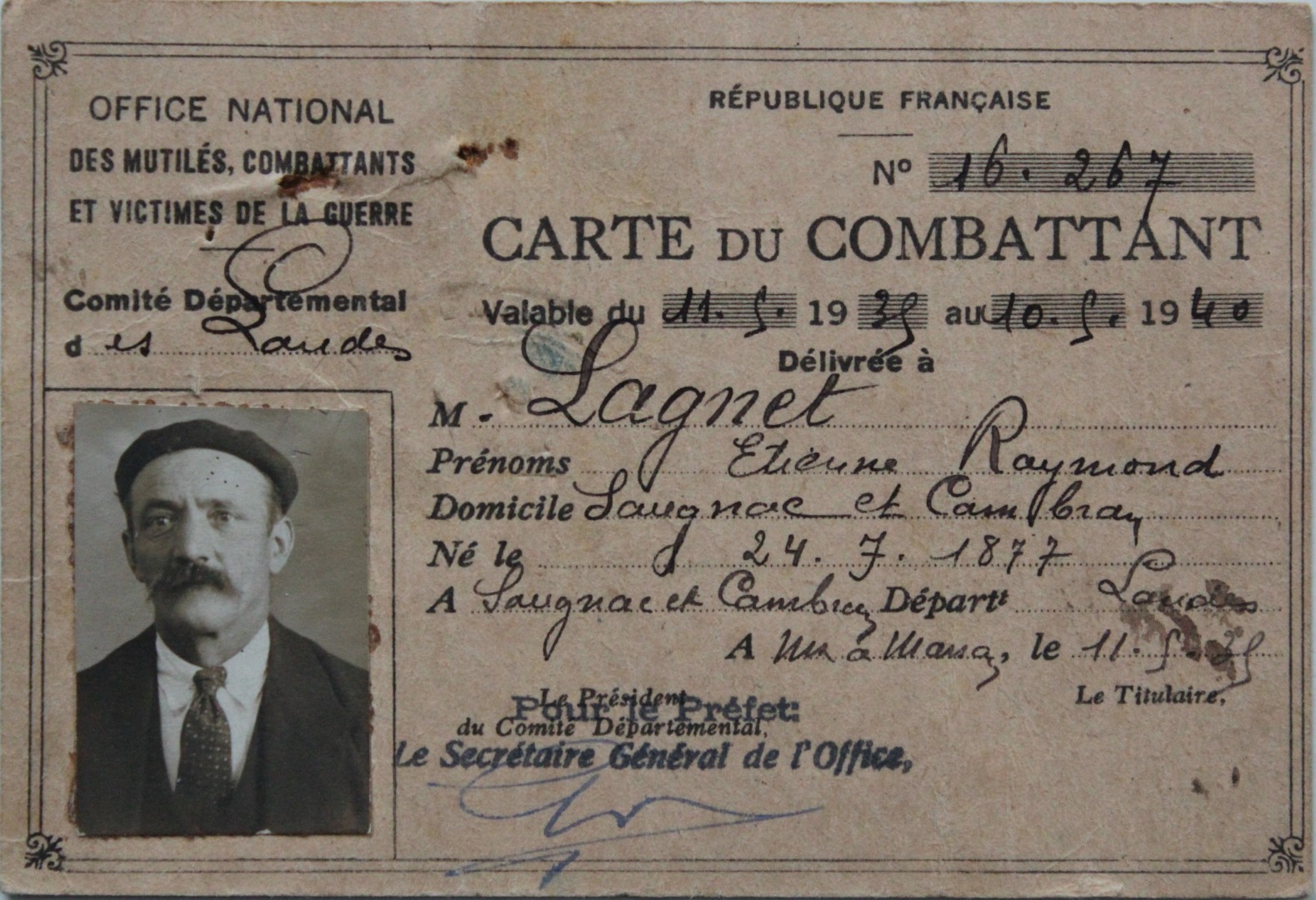 14-18 LAGNET Etienne Carte de Combattant.JPG