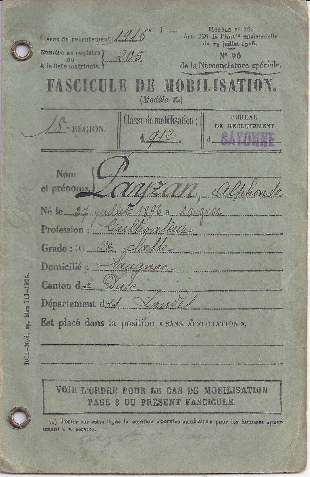 14-18 PAYSAN Alphonse 1896 Fascicule de mobilisation.jpg