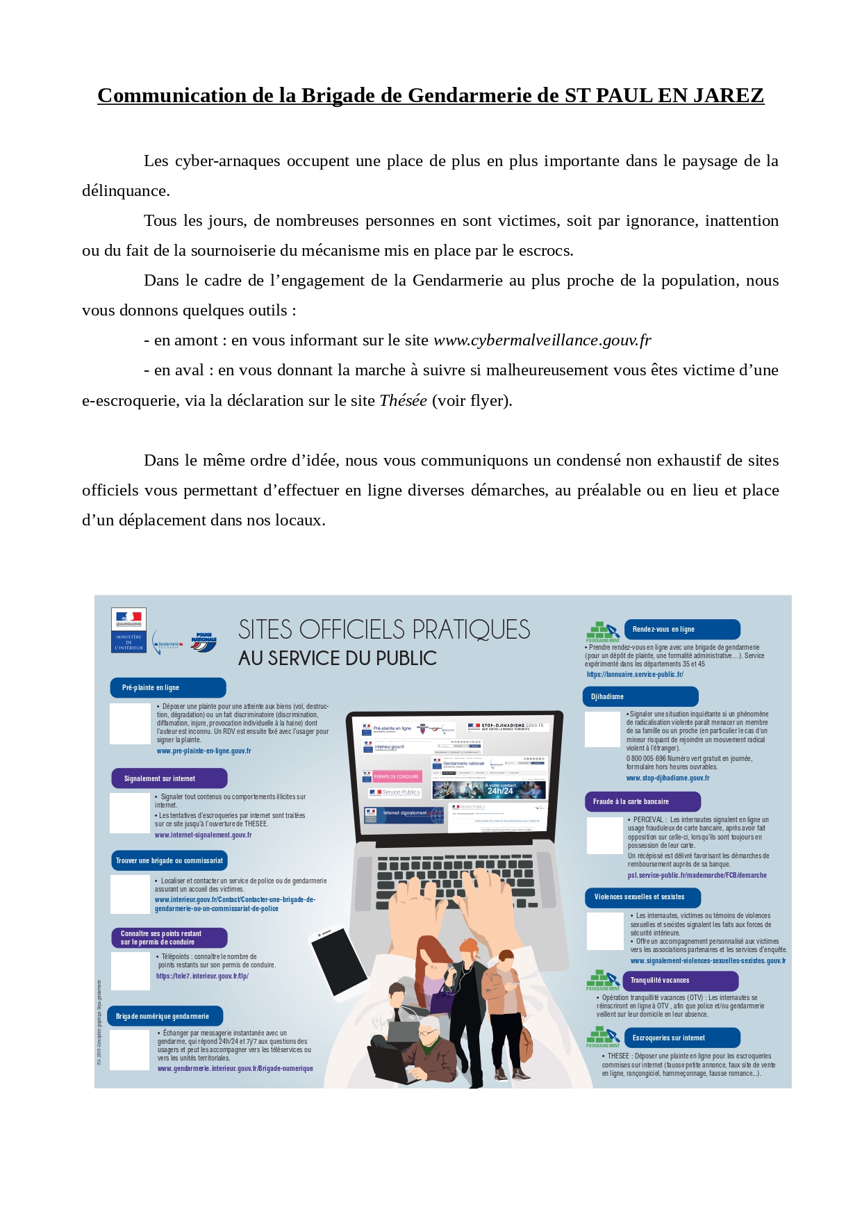 Communication de la Brigade de Gendarmerie de ST PAUL EN JAREZ : Cyber-arnaques