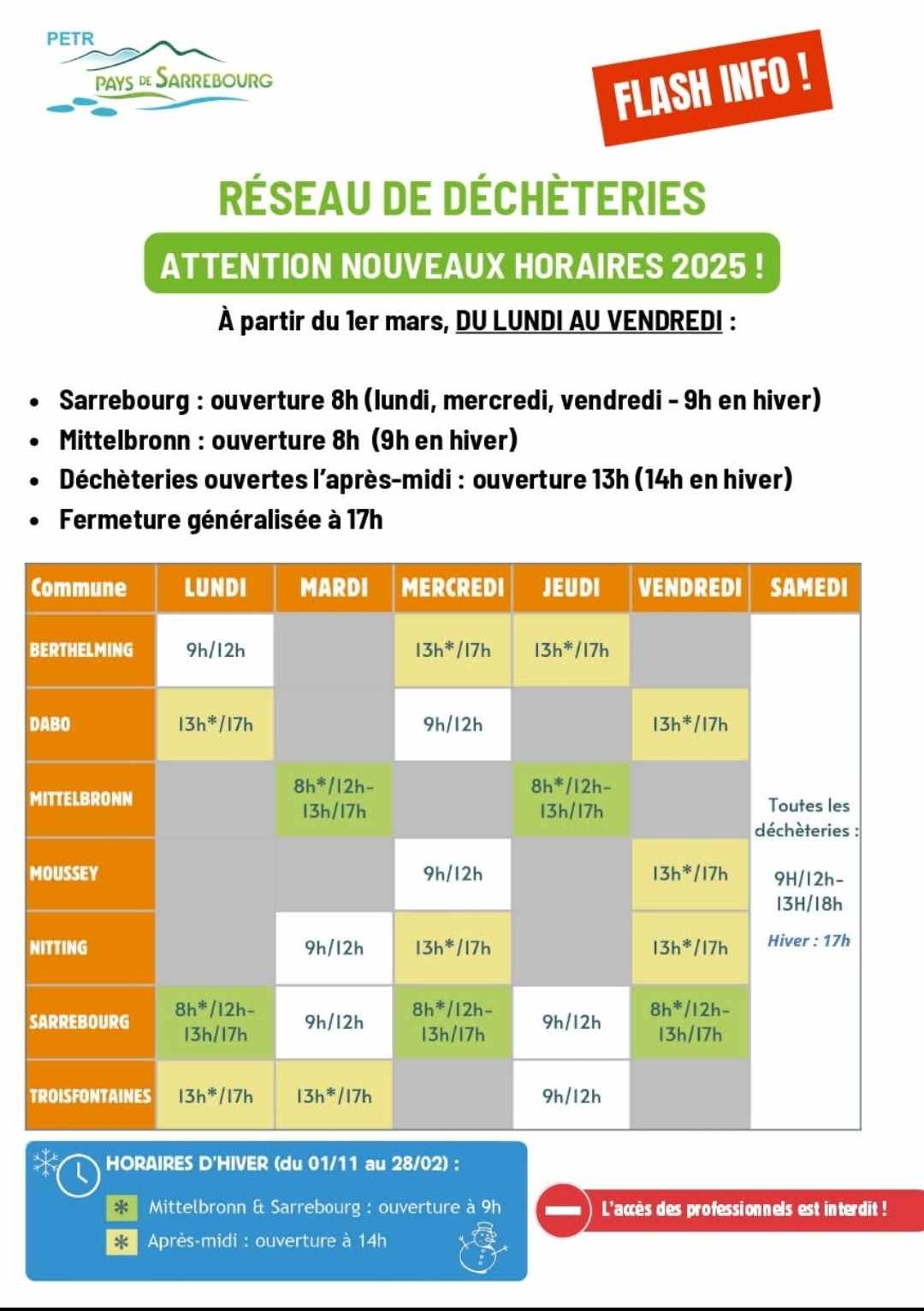nouveaux horaires décheterie