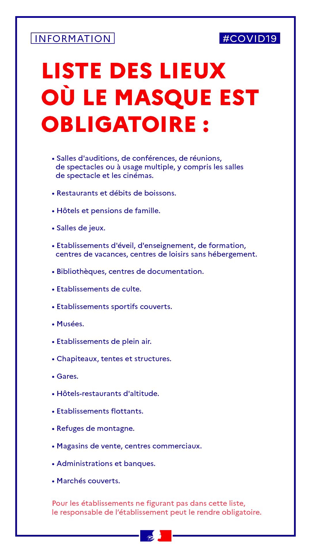 Liste lieux masques obligatoires