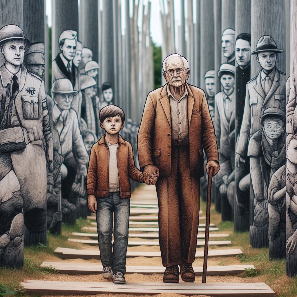 une personne âgée et un jeune main dans la main qui parcourait des chemins illustrant des souvenirs de la deuxième guerre mondiale, sans arme, traduisant la bienveillance.png