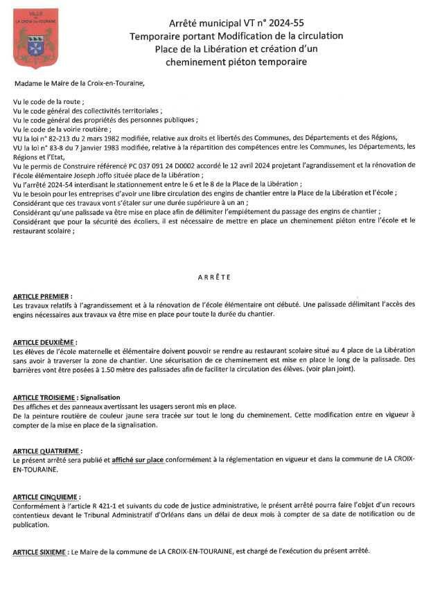 Arrêté municipal VT n° 2024-55 Temporaire portant Modification de la circulation