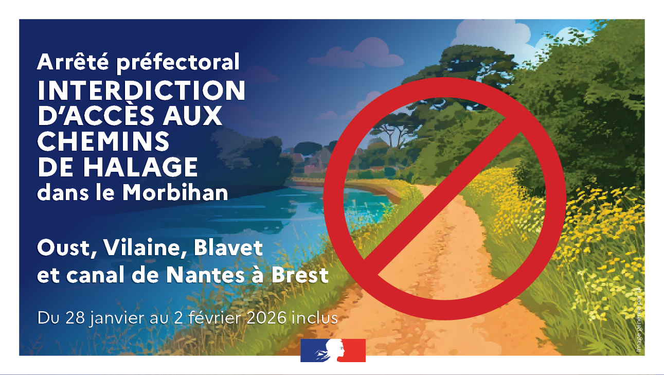 ⛔️ Interdiction d’accès aux chemins de halage du 28 janvier au 2 février 2026 dans le #Morbihan