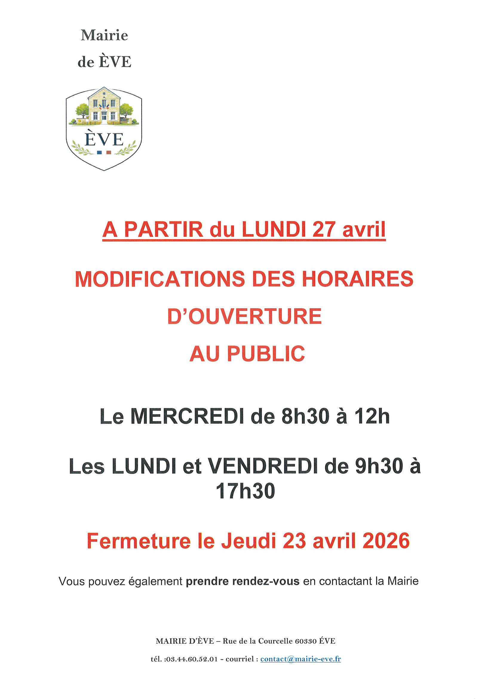 changement horaires mairie 2026