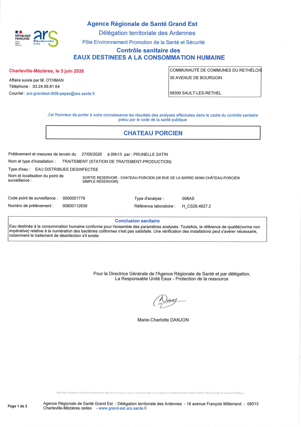 Résultats analyses eau