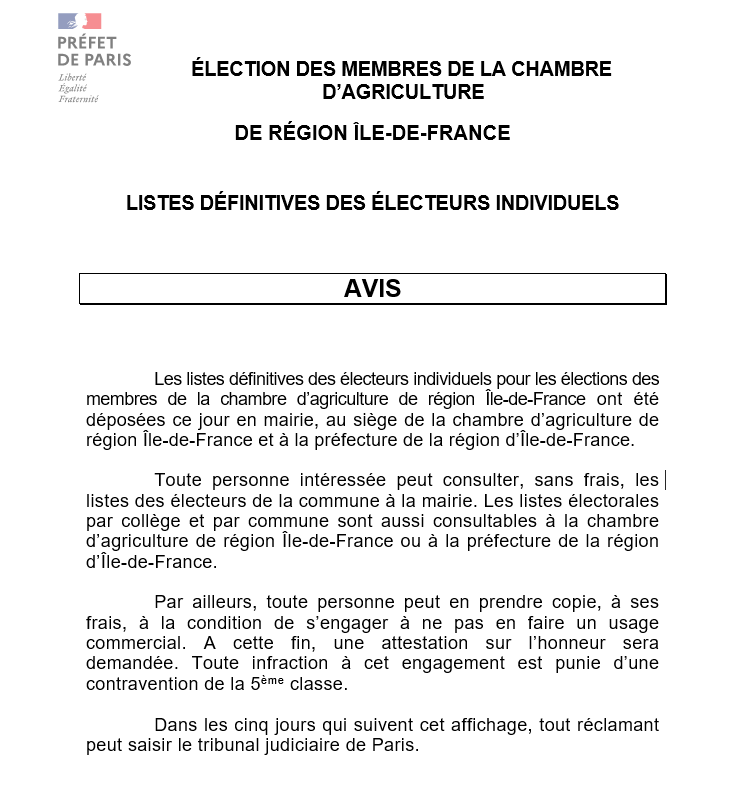 ÉLECTION DES MEMBRES DE LA CHAMBRE D’AGRICULTURE