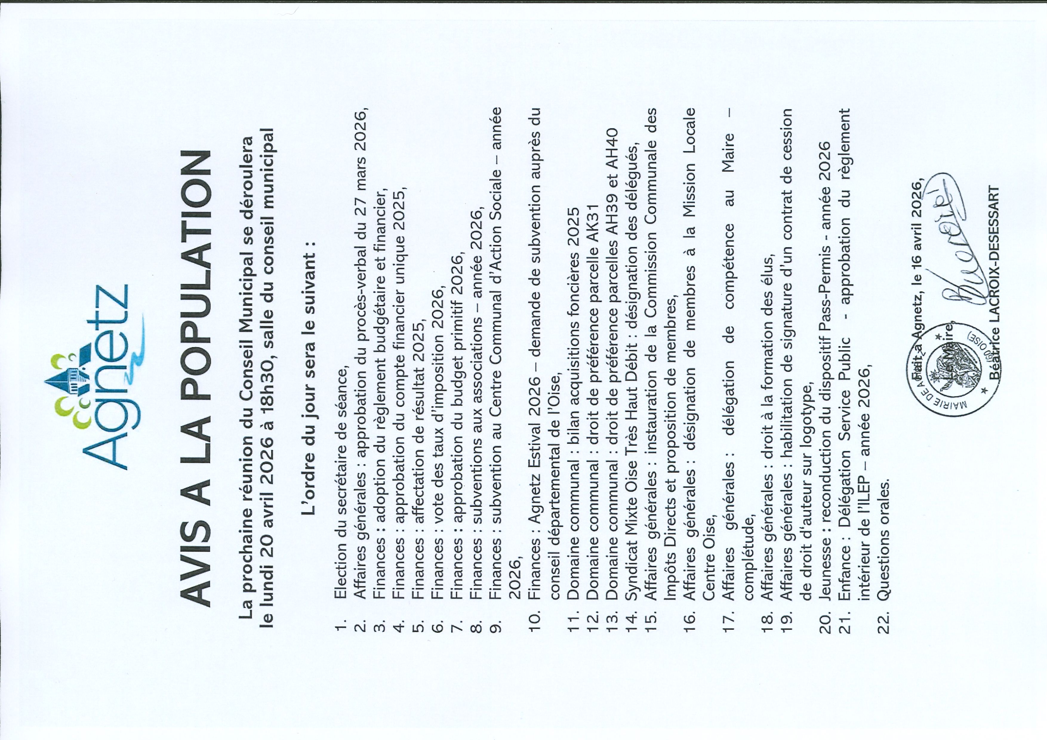 AVIS A LA POPULATION 20 AVRIL 2026