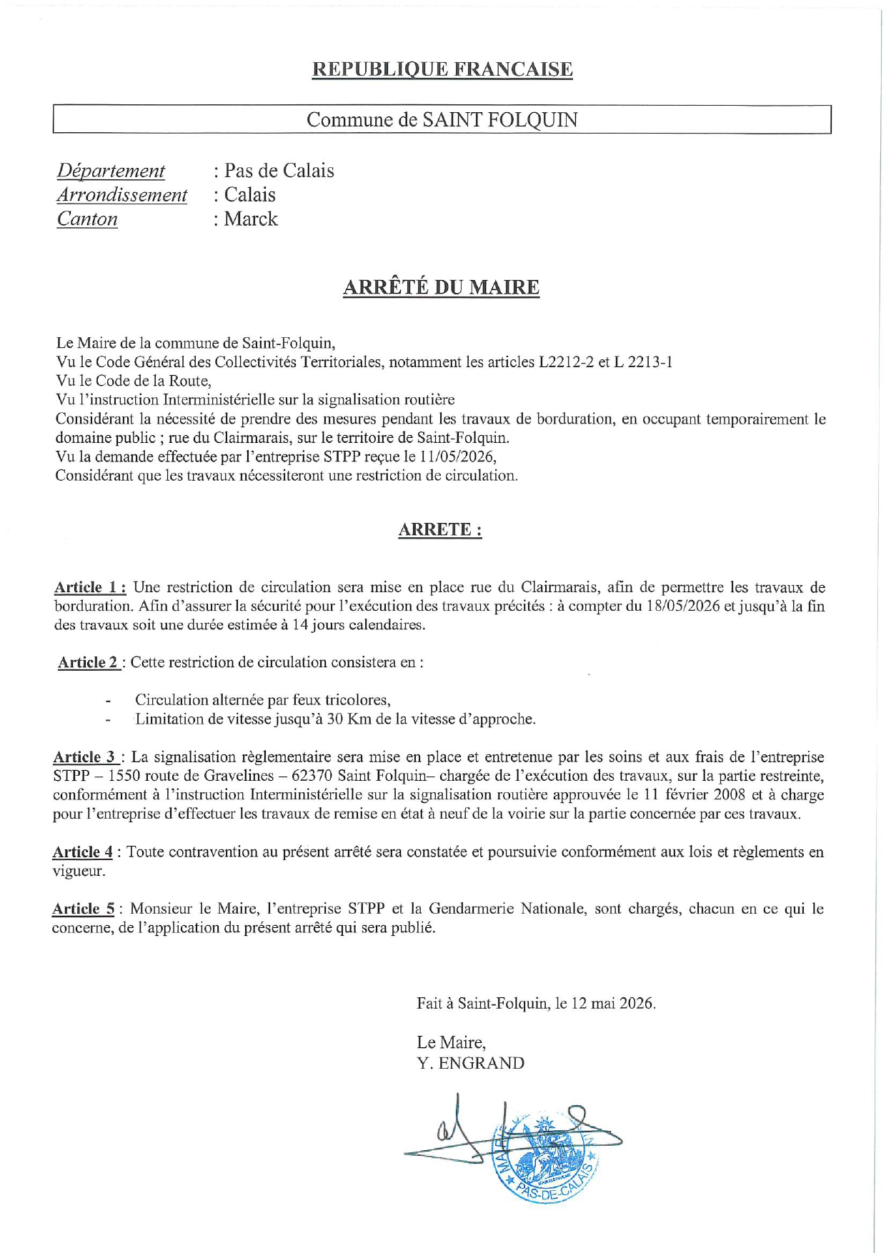 Arrêté Rue du Clairmarais à compter du 18052026 et jusqu’à la fin des travaux soit une durée estimée à 14 jours calendaires..jpg