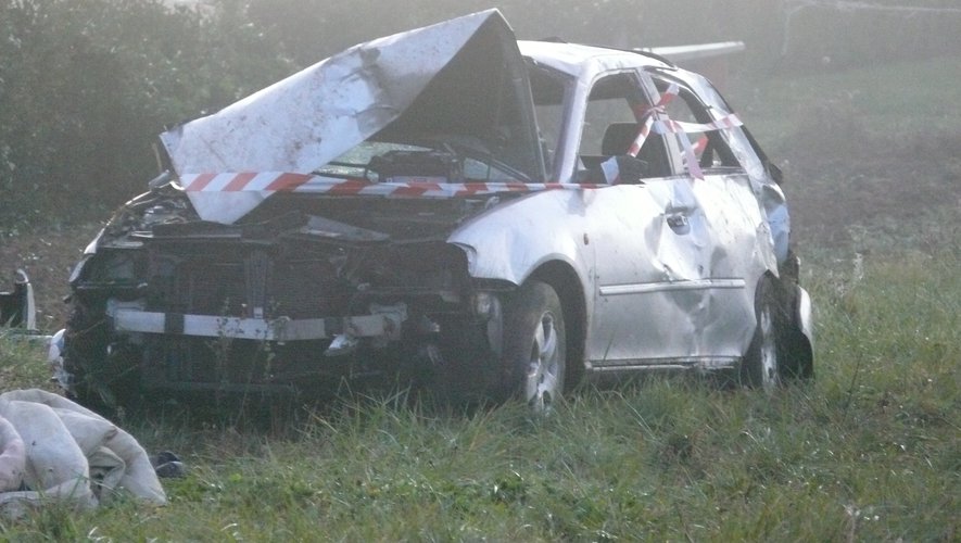 la voiture termine sa course dans un champ après avoir percuté un poteau électrique.jpg