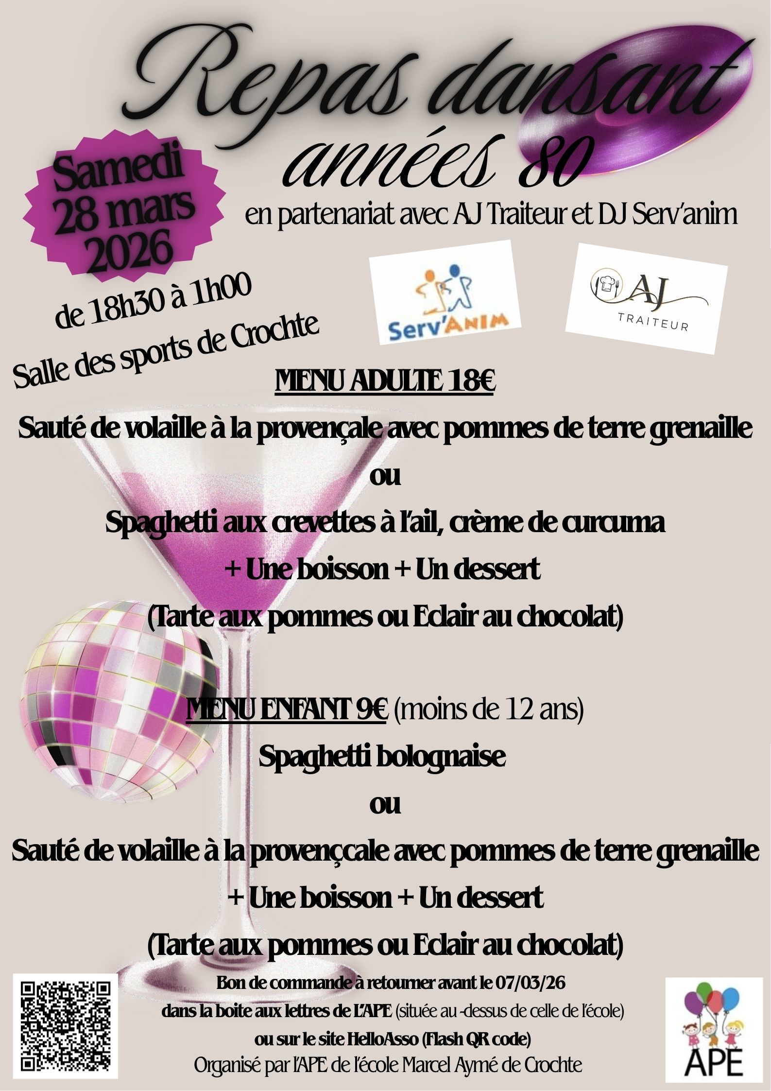 soirée années 80 de l'APE de l'école le samedi 28 mars 2026