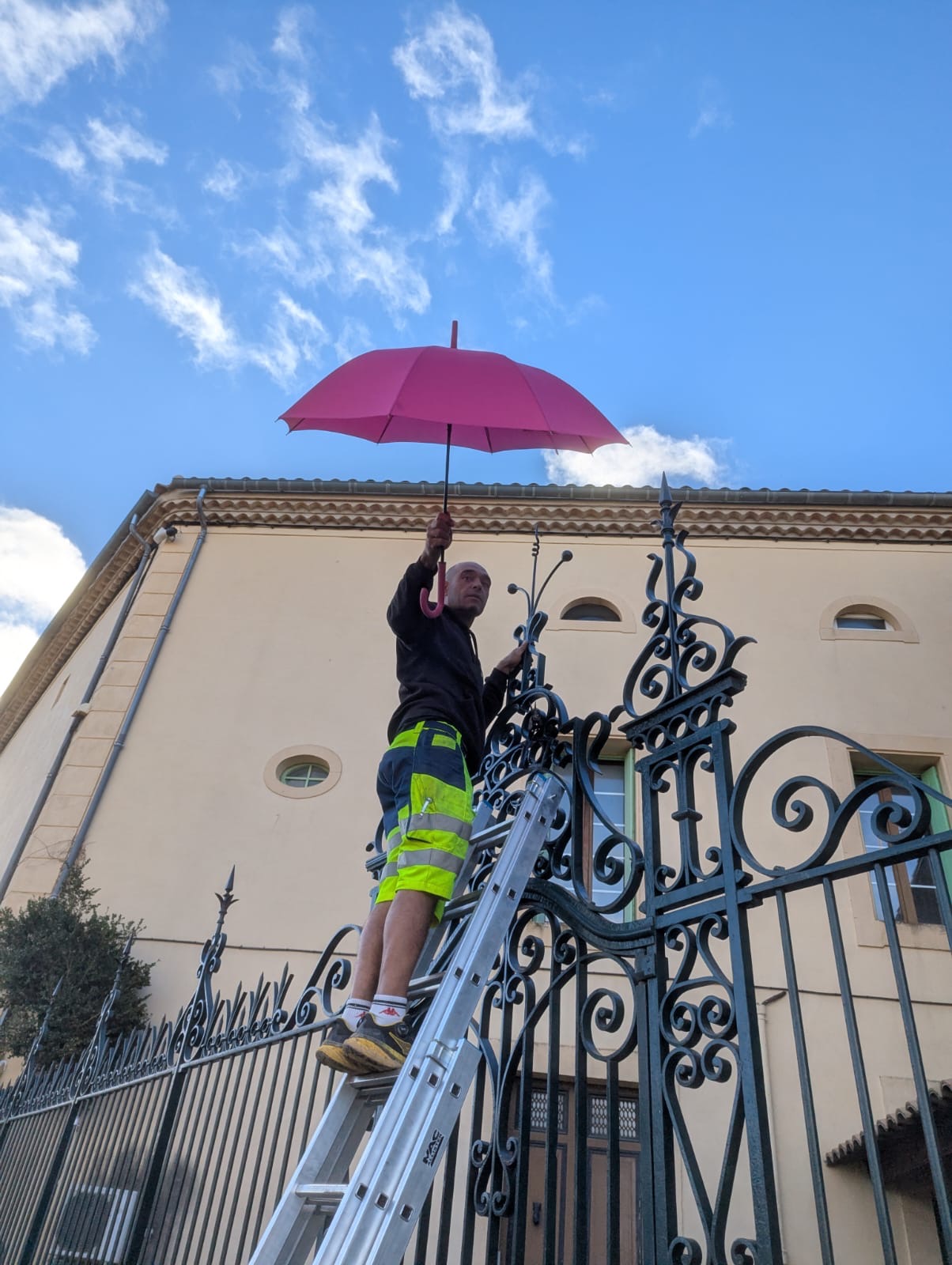 Michael op ladder met plu.JPG