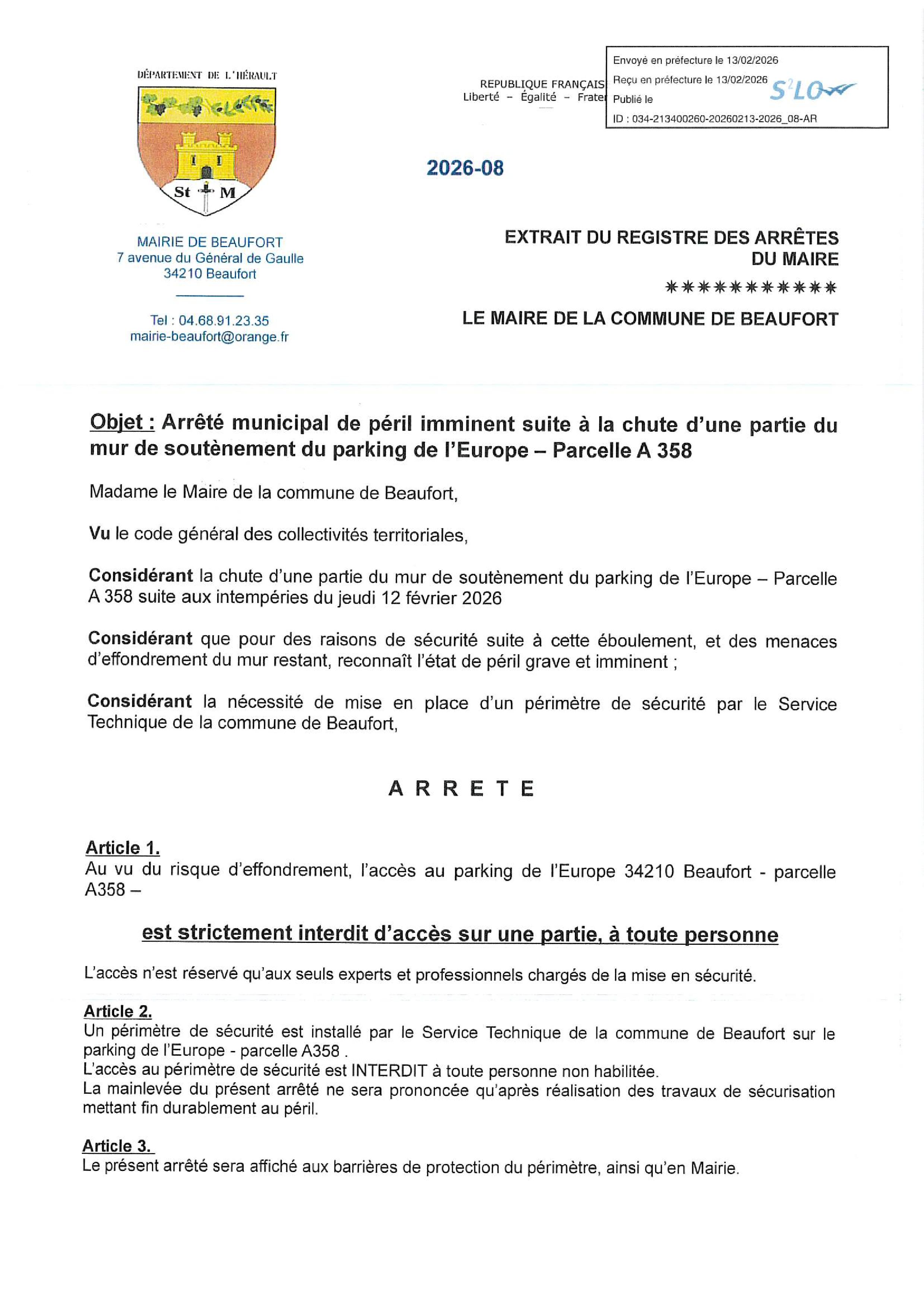Arrêté 2026-08- arrêté municipal de péril imminent suit à la chute d_une partie du mur de soustenement du parking de l_Europe.page1.jpg
