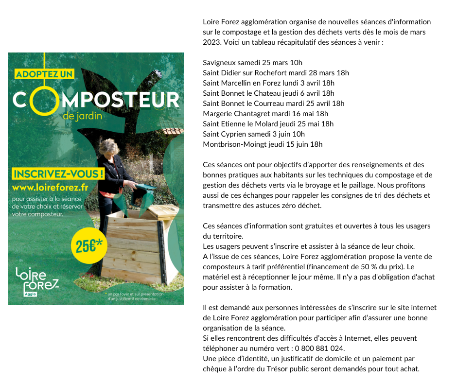 Loire Forez agglomération organise de nouvelles séances d_information sur le compostage et la gestion des déchets verts dès le mois de mars 2023. Voici un tableau récapitulatif des séances à venir  Savigneux sam _1_.png