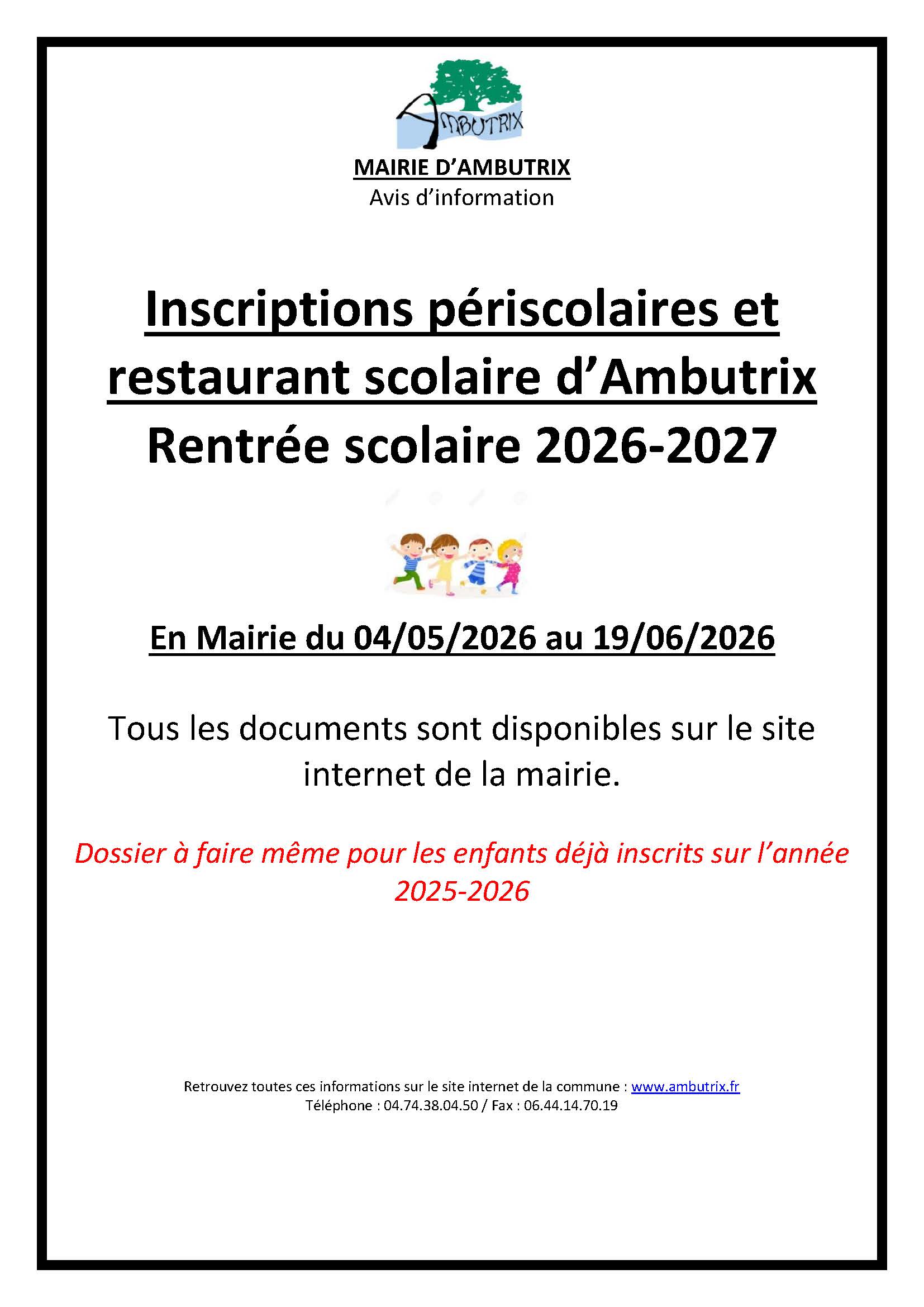 Inscription périscolaire/restaurant scolaire 2026/2027
