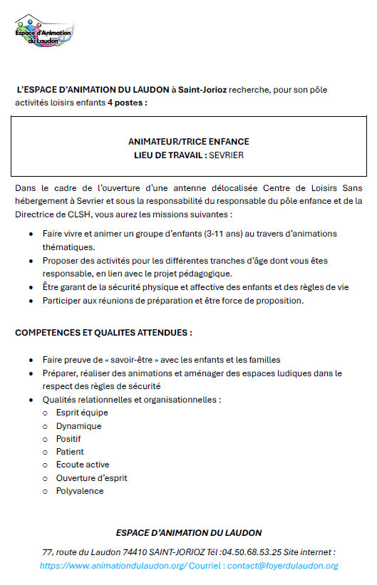 Fiche de poste Animateur Enfance antenne Sevrier - ESPACE ANIMATION DU LAUDON - Recto.png