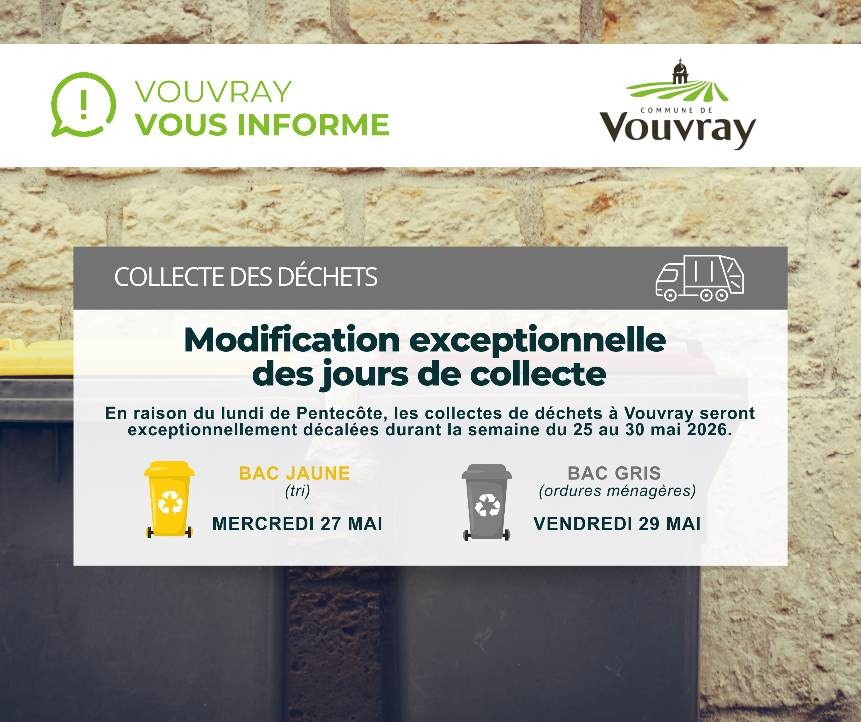Dates de modification de collecte Pentecôte 2026