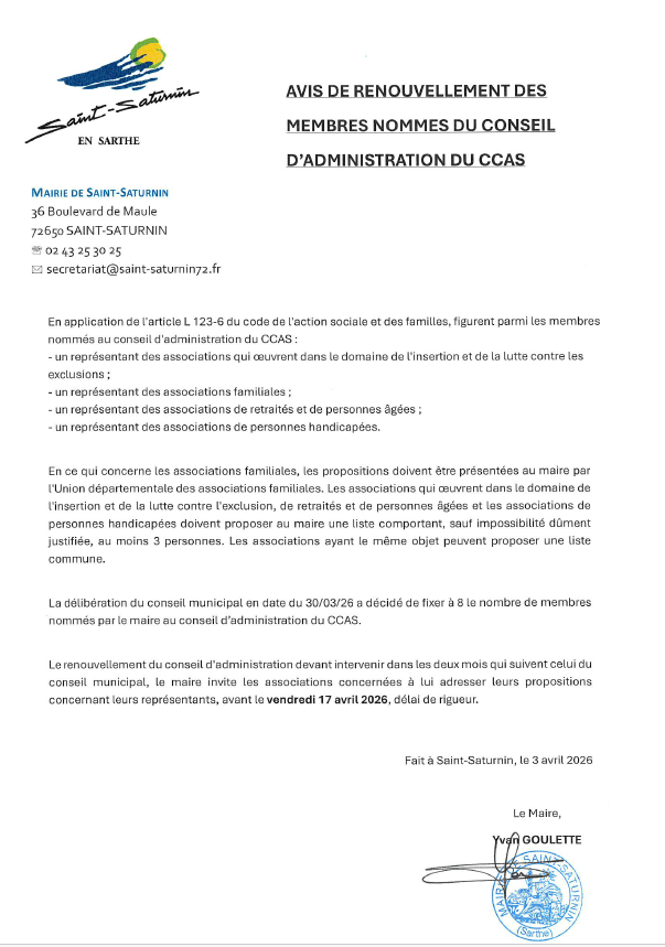 Avis de renouvellement des membres nommés du Conseil d'Administration du CCAS