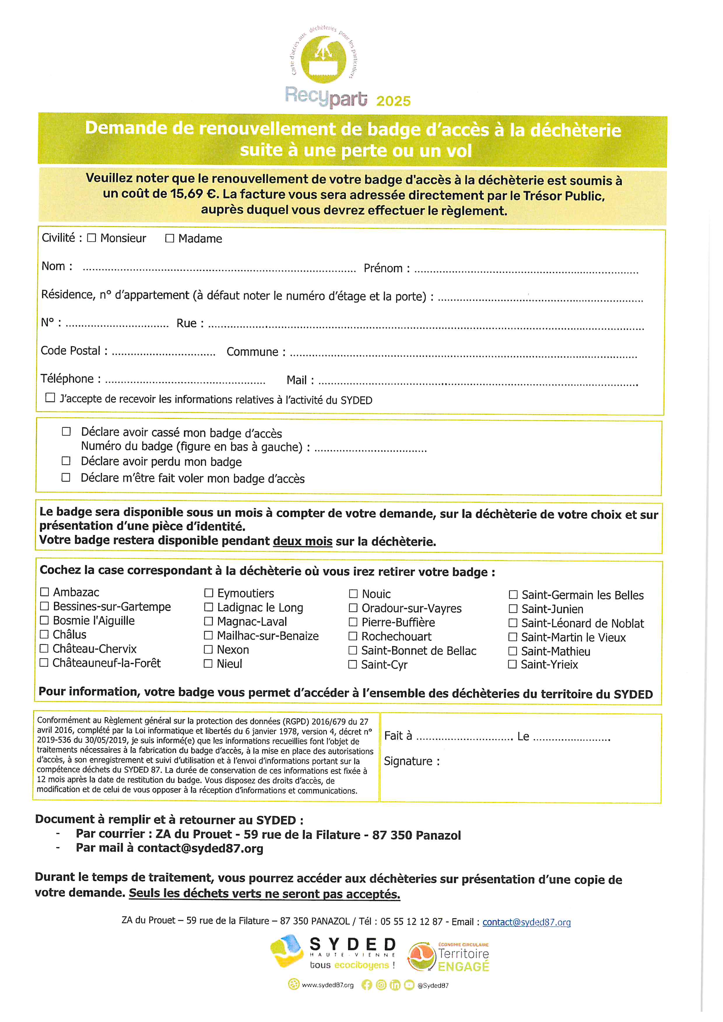 RENOUVELLEMENT DE VOTRE BADGE DE DECHETTERIE POUR LES PARTICULIERS
