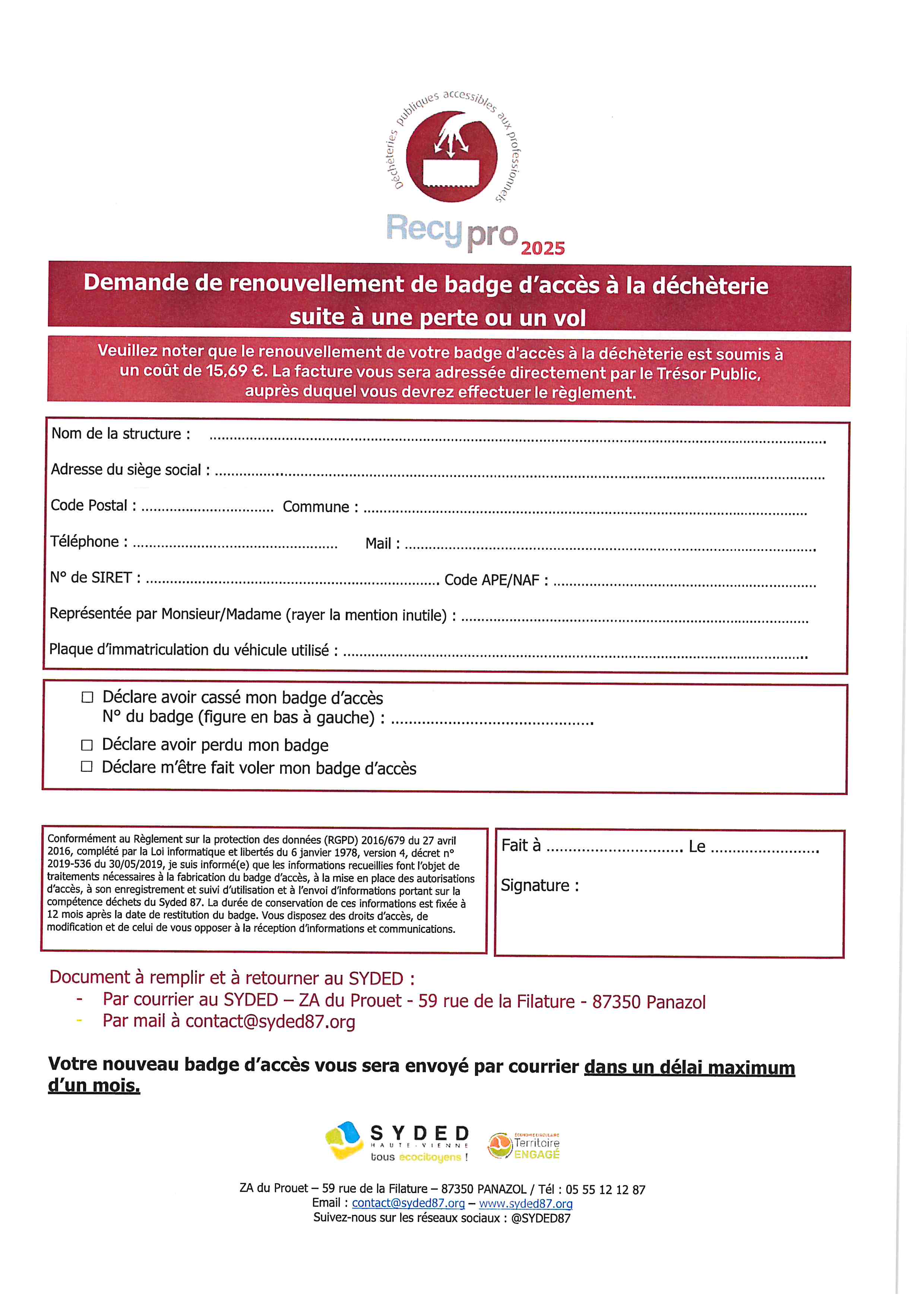 RENOUVELLEMENT DE VOTRE BADGE PROFESSIONNEL DE DECHETTERIE
