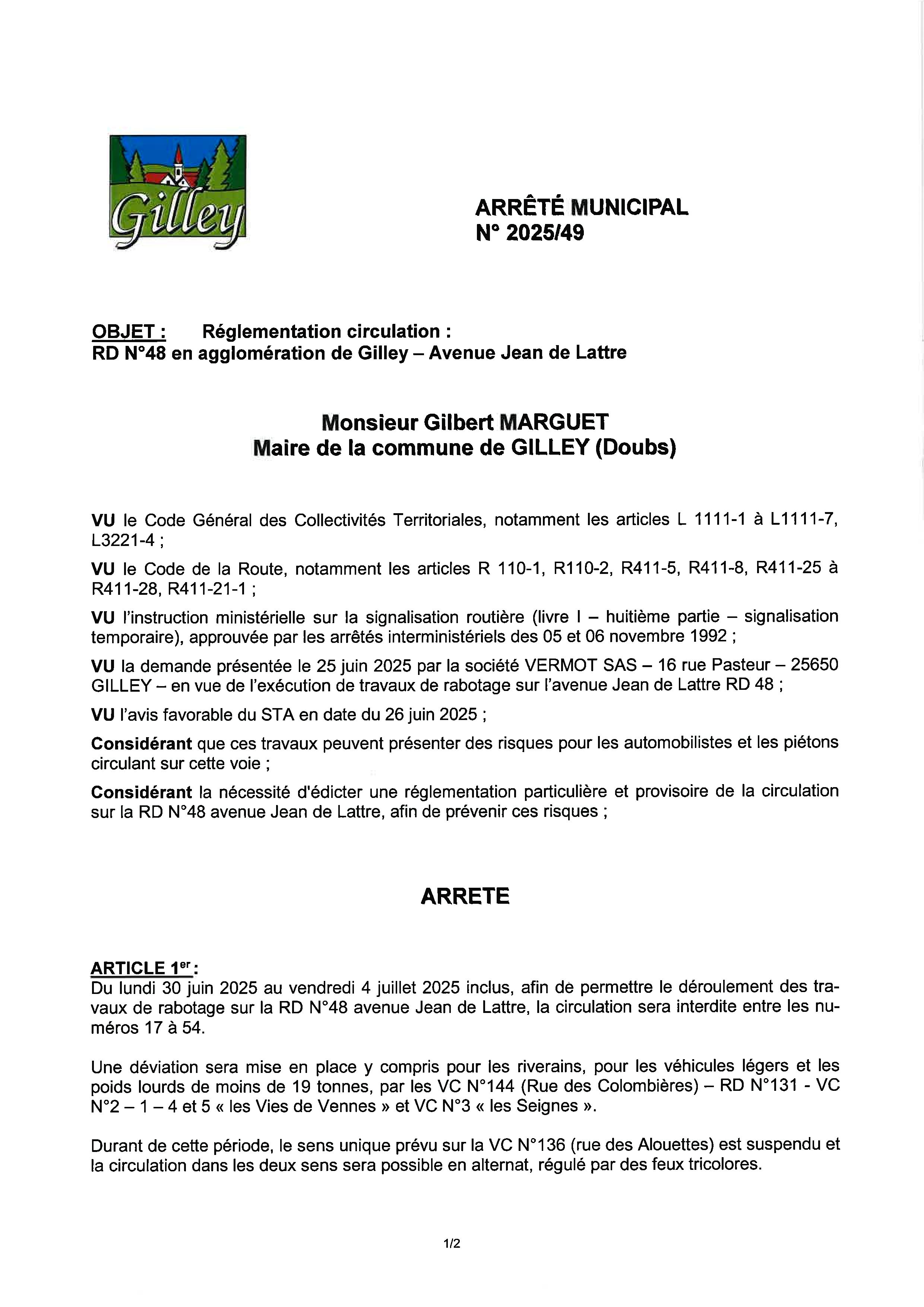 2025 49 - ARRETE REGLEMENT DE CIRCULATION - RUE JEAN DE LATTRE_0001.jpg