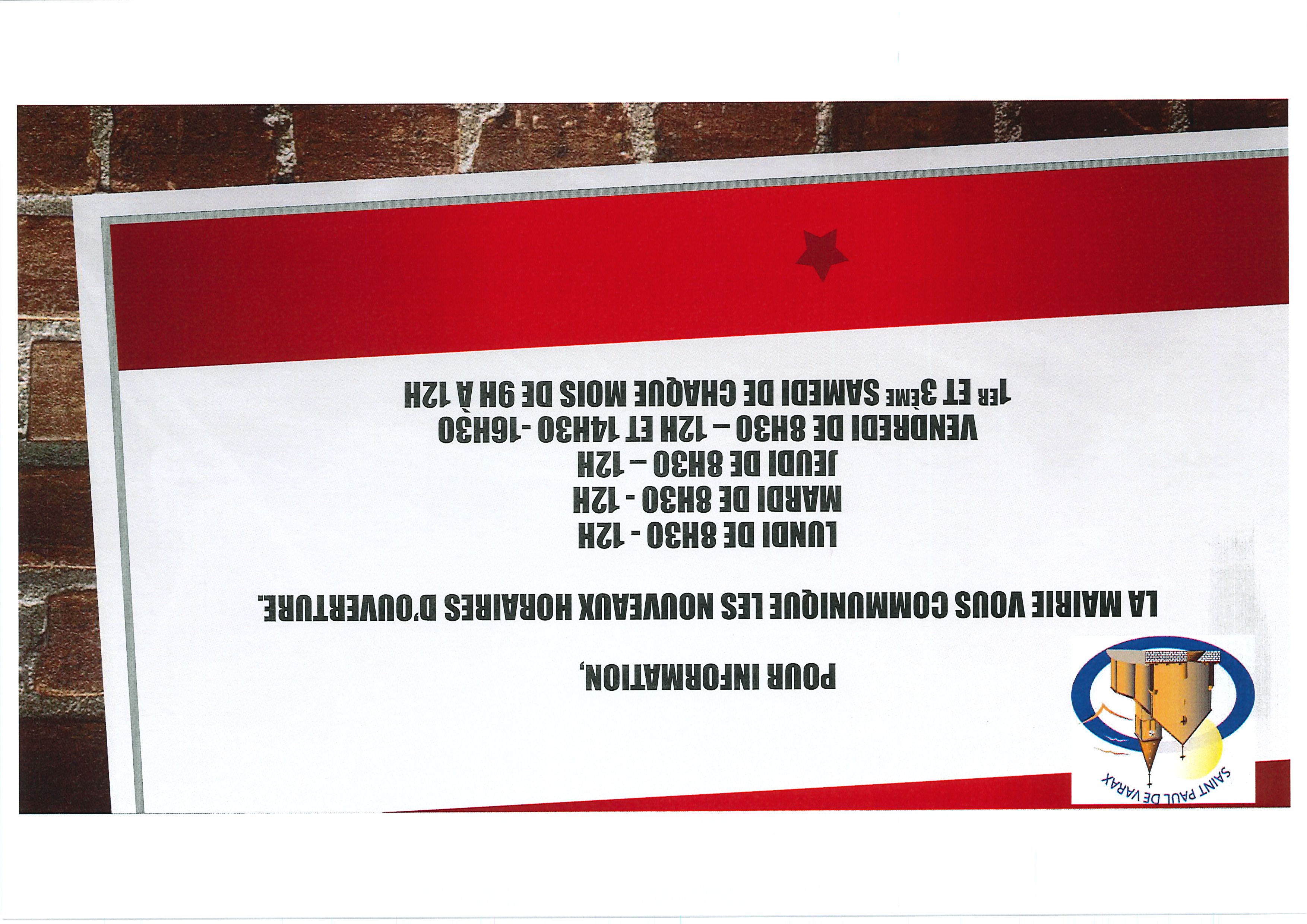 06/10/2023 Pour information - Les nouveaux horaires d'ouverture de la mairie
