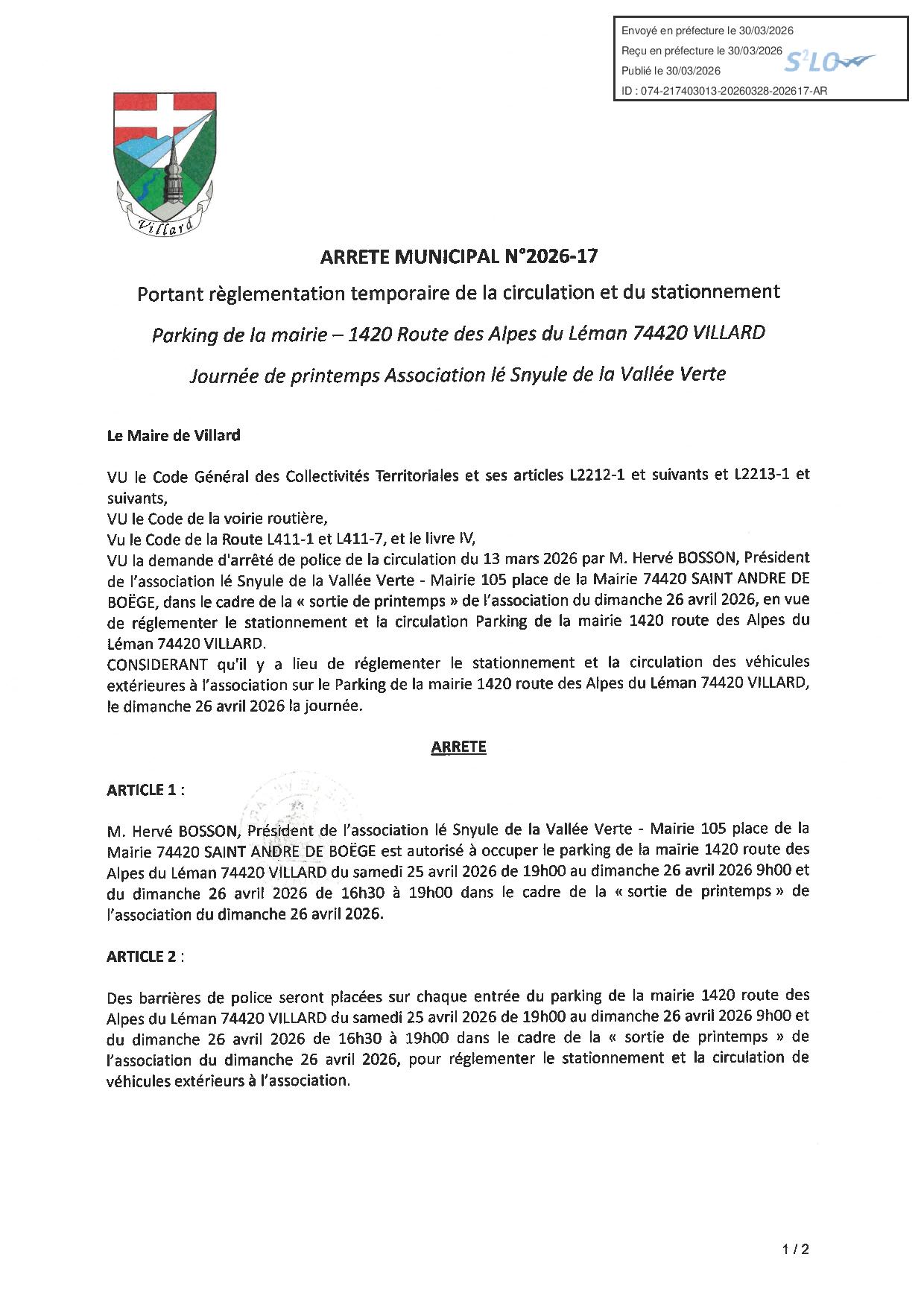 2026-17 portant réglementation temporaire circulation et stationnement - parking mairie 1420 route des Alpes du Léman - asso lé Snyule-page-001.jpg