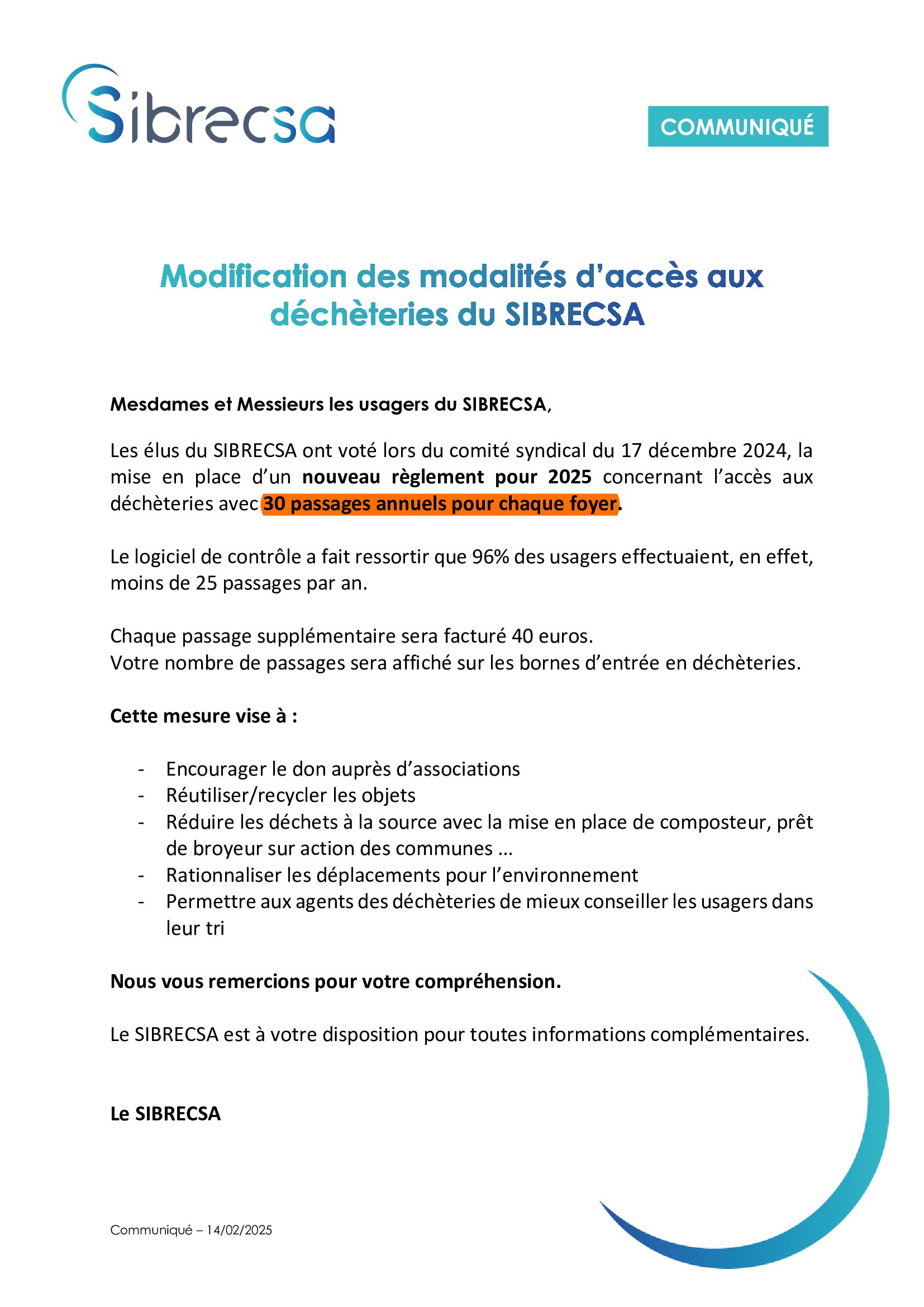 Accès Déchèteries SIBRESCA