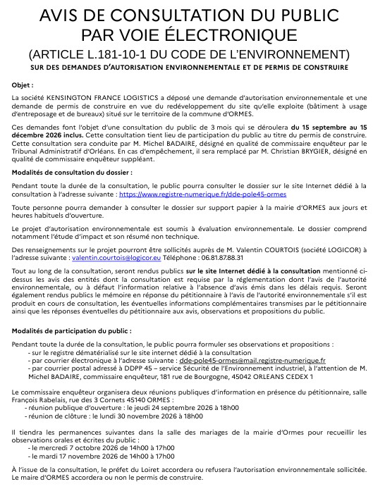 Avis de consultation du public Société KENSINGTON FRANCE LOGISTICS du 15-09 au 15-12-2026.jpg