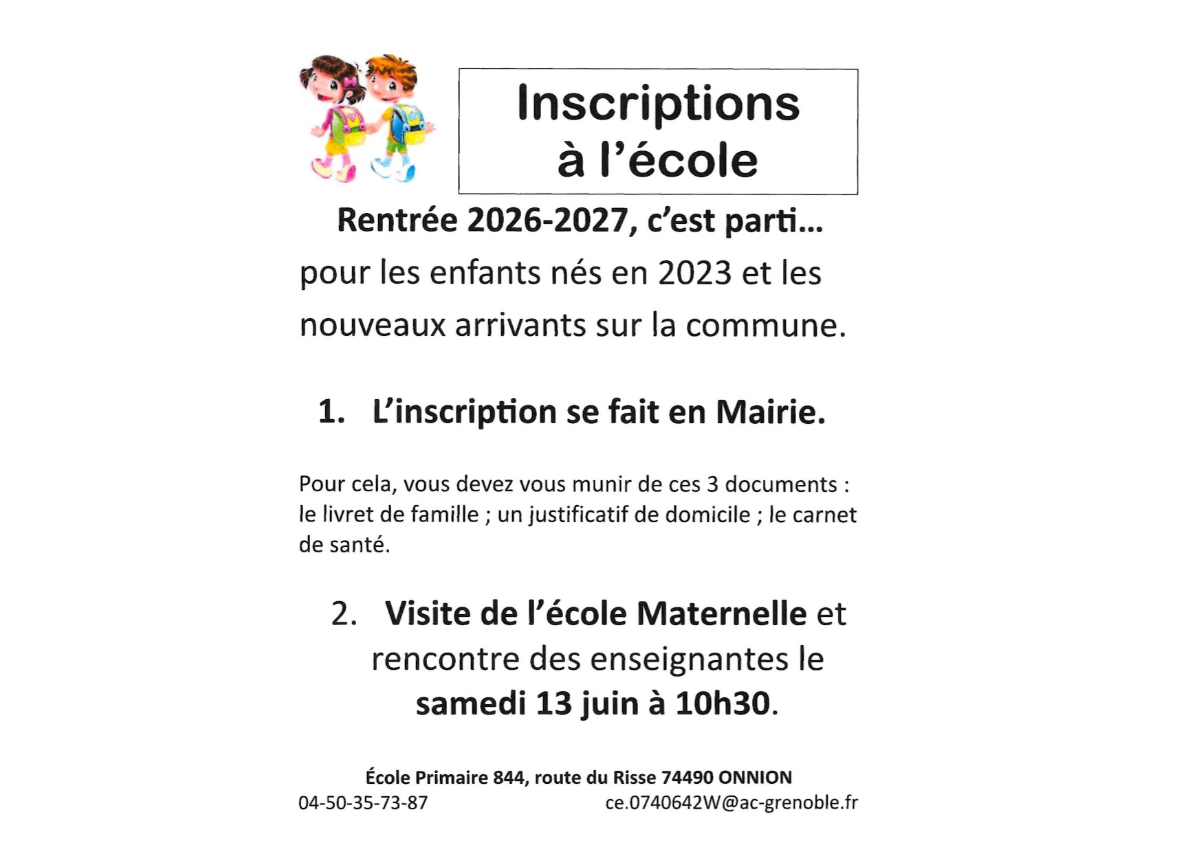 Inscriptions à l'école d'Onnion pour l'année scolaire 2026/2027