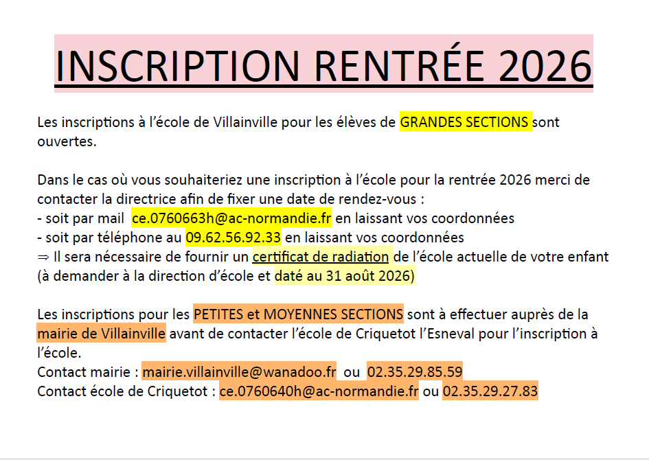 inscriptions pour la rentrée 2026